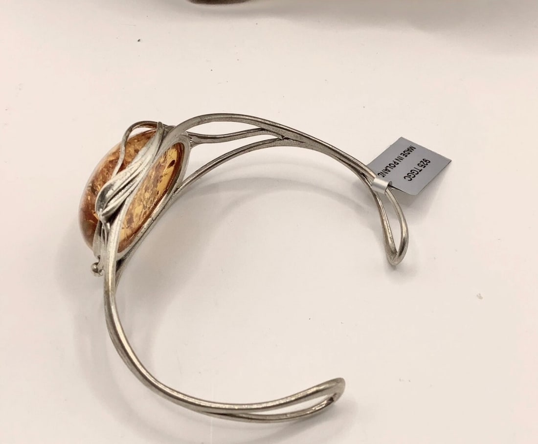 New TGGC Sterling Silver Cognac Amber Cabochon Cuff Bangle 17.86gm - 3