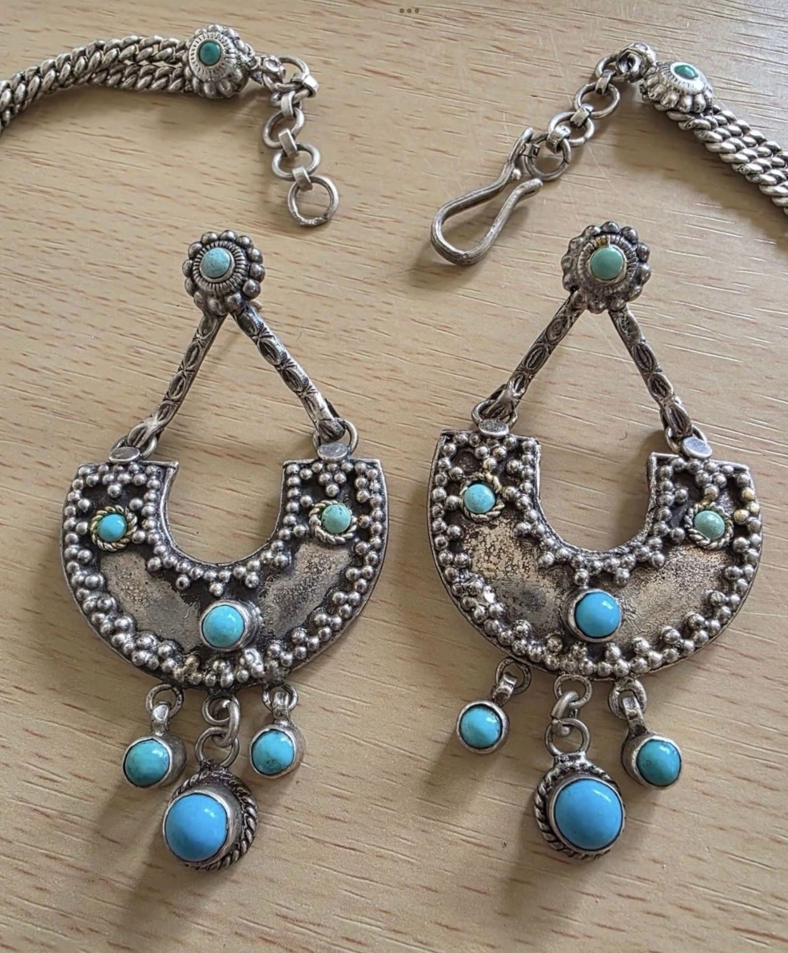 Vintage Sterling Silver /Turquoise Statement Choker Necklace & Earrings Set 116g - 4