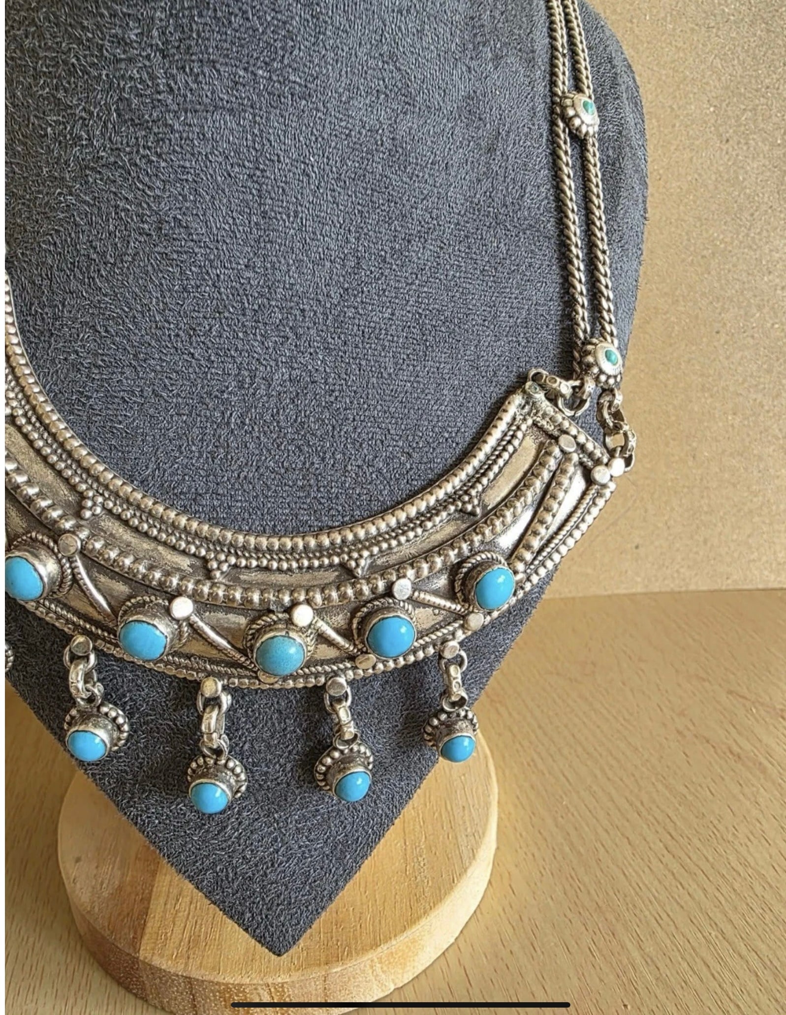 Vintage Sterling Silver /Turquoise Statement Choker Necklace & Earrings Set 116g - 6