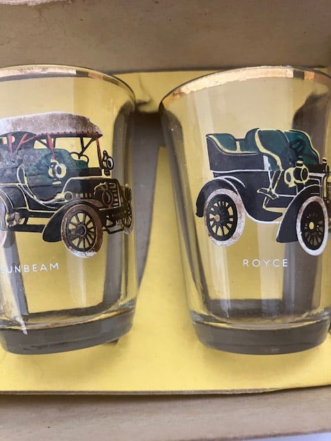 Vintage Shot Glasses x 6: Title: Vintage Shot Glasses x 6 Description: 6 vintage pre owned shot glasses. Name of vehicle on the glass as well. Condition: Used<