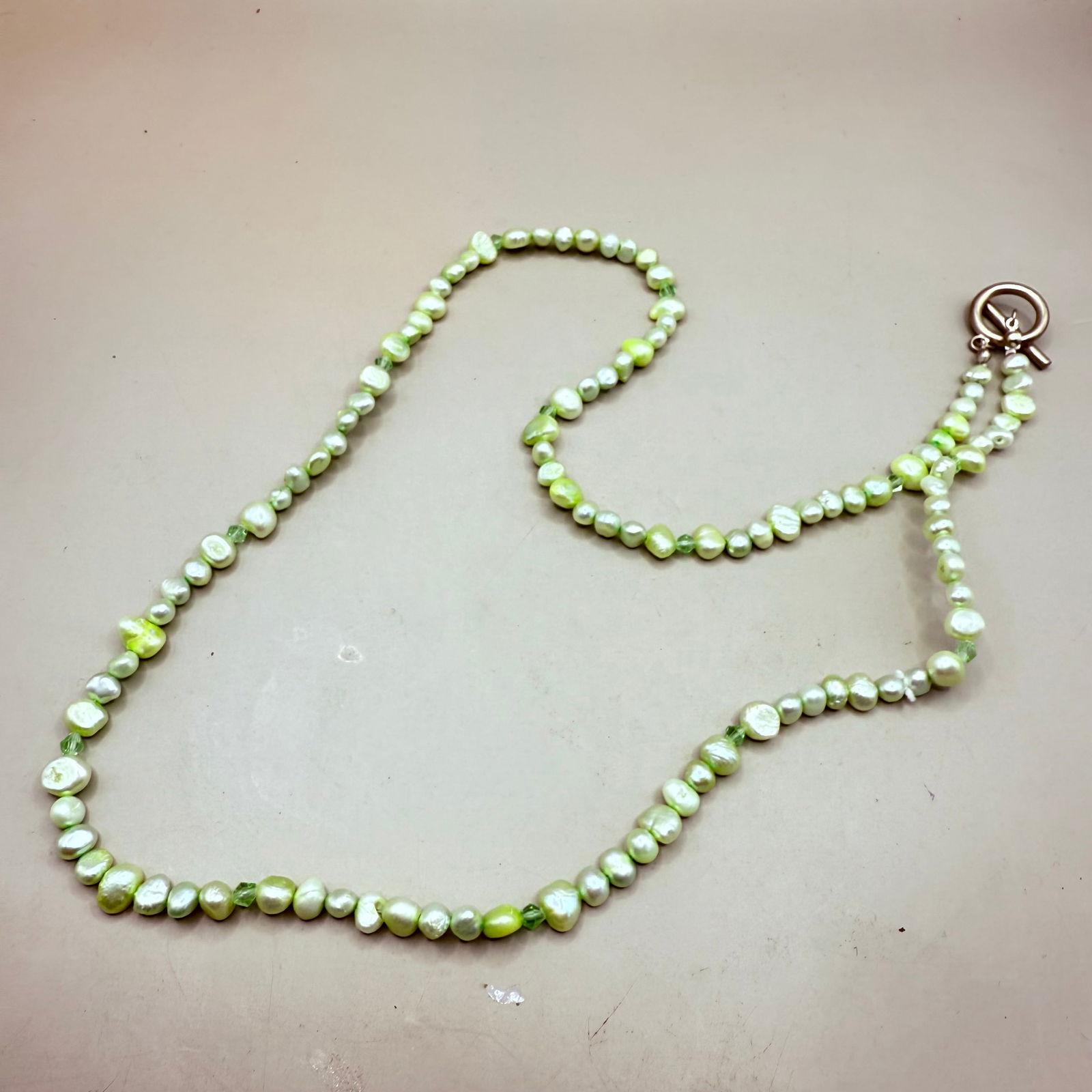 Vintage Pale Green Baroque Beaded Freshwater Pearl 70cm Long Necklace With White Metal T Clasp (N... - 3