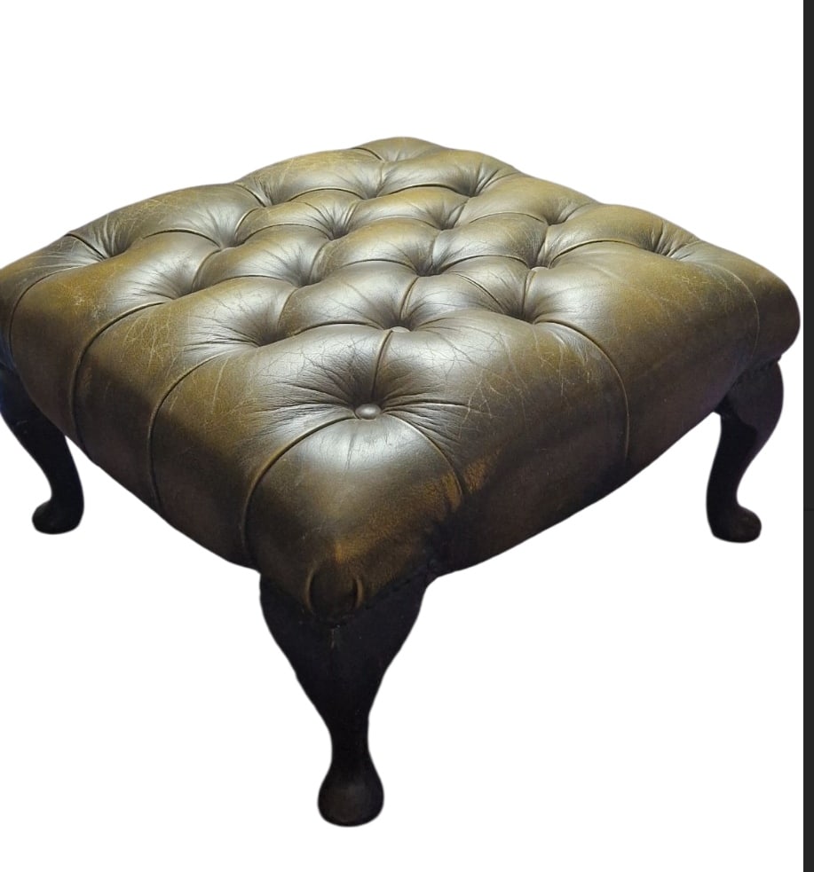 Antique Green Leather Chesterfield Stool (1 of 3)