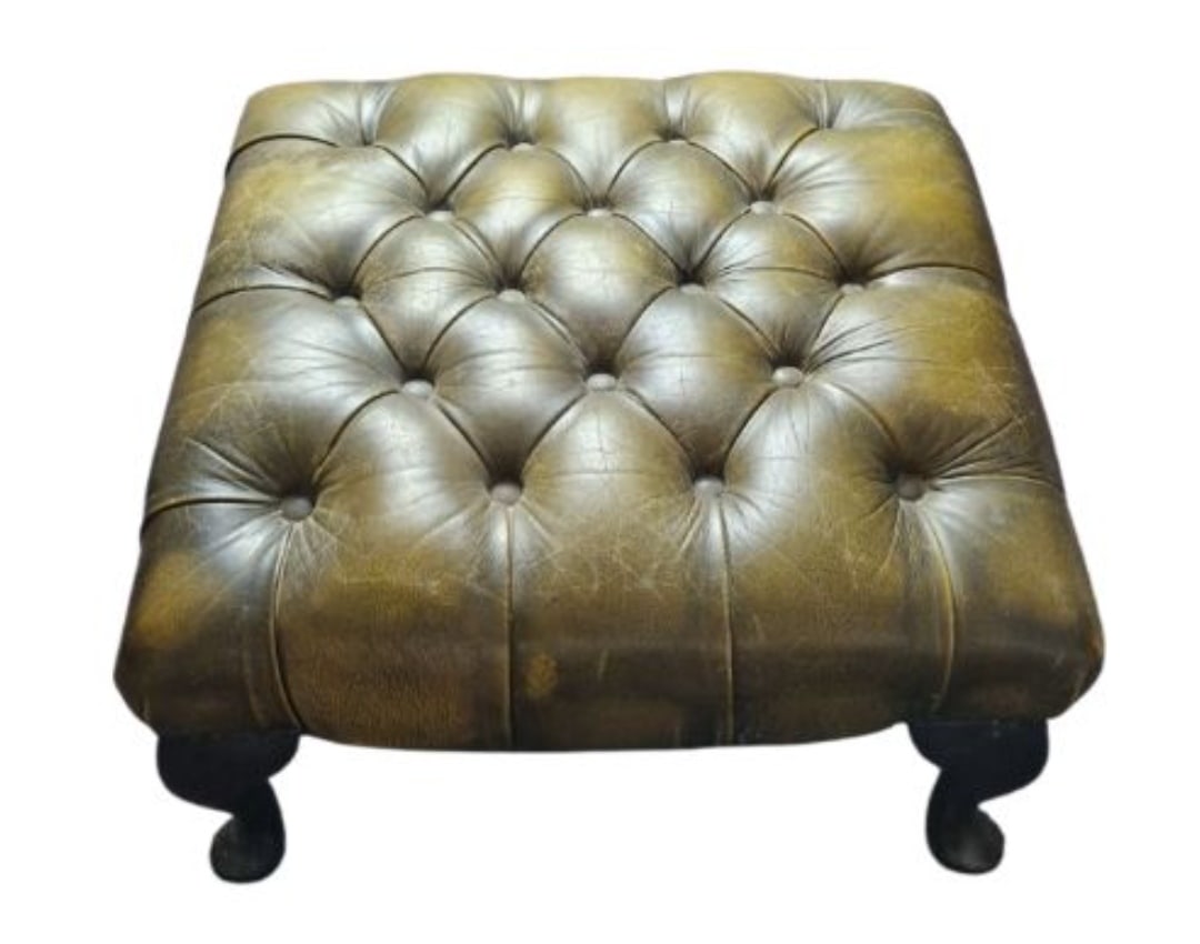 Antique Green Leather Chesterfield Stool - 3