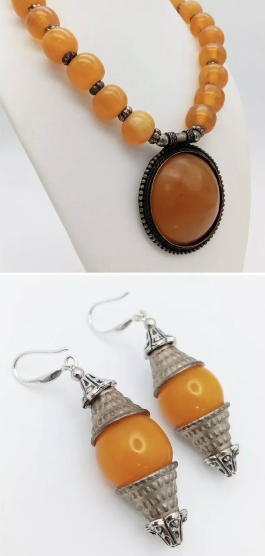 Vintage Amber Coloured Pine Resin Necklace With Pendant and Earring Bead Set - 2