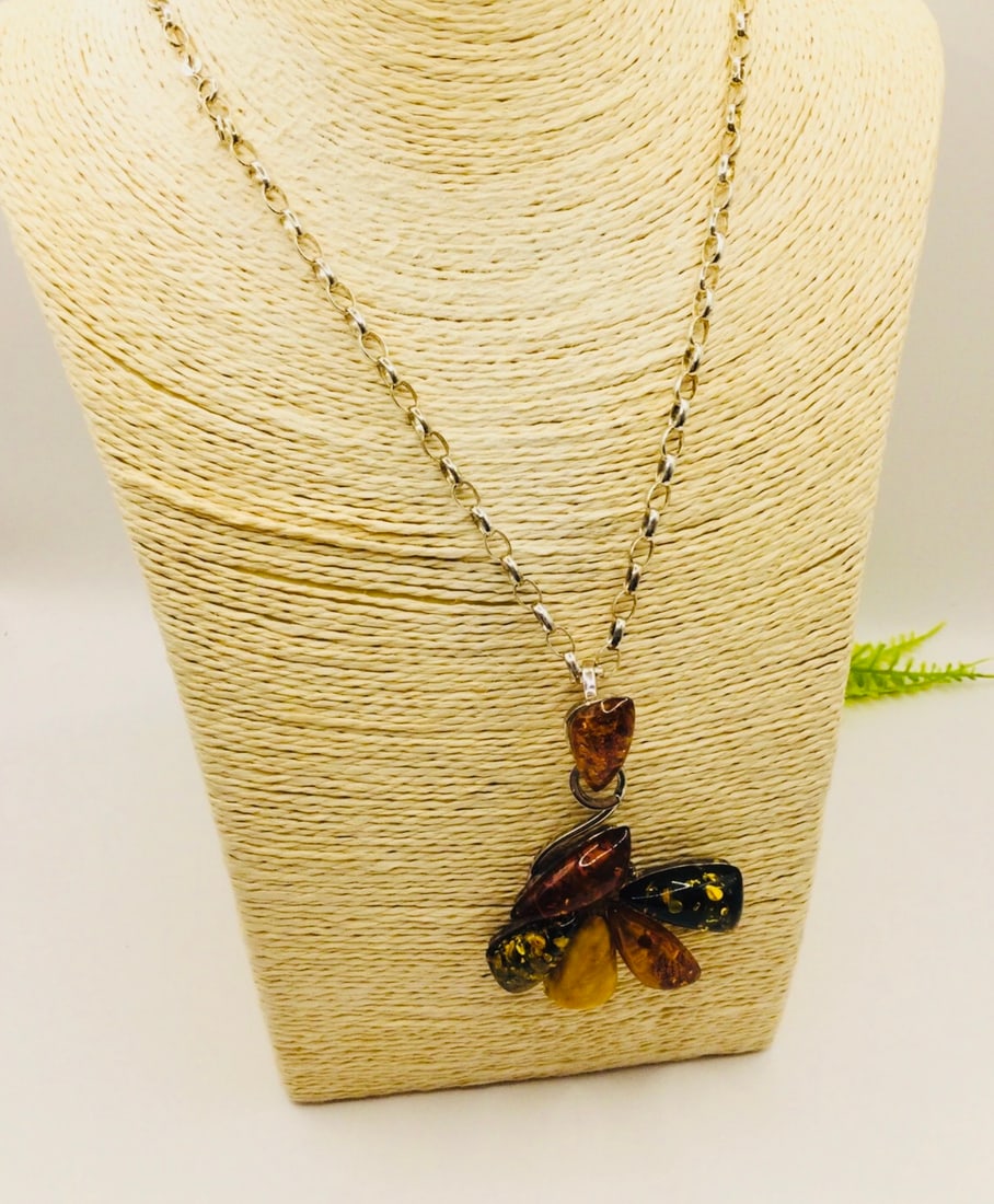 Vintage 925 Silver Large Modernest Tri Colour Amber Pendant Necklace L52"" 40gm Pendant 75mm - 3