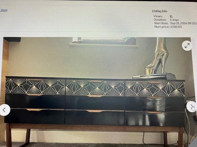 Art Deco Vintage Sideboard: Title: Art Deco Vintage Sideboard Description: Item is in very good condition. Some minor scratches on the top as shown in pictures. Solid black painted back. Designe