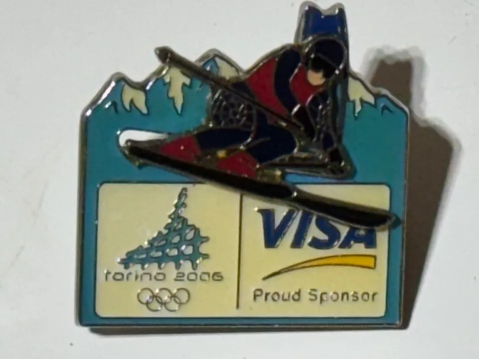 Turin (2006) Winter Olympics Enamel Pin Badge Memorabilia With Moving Skier, VISA Sponsor, Italy - 2