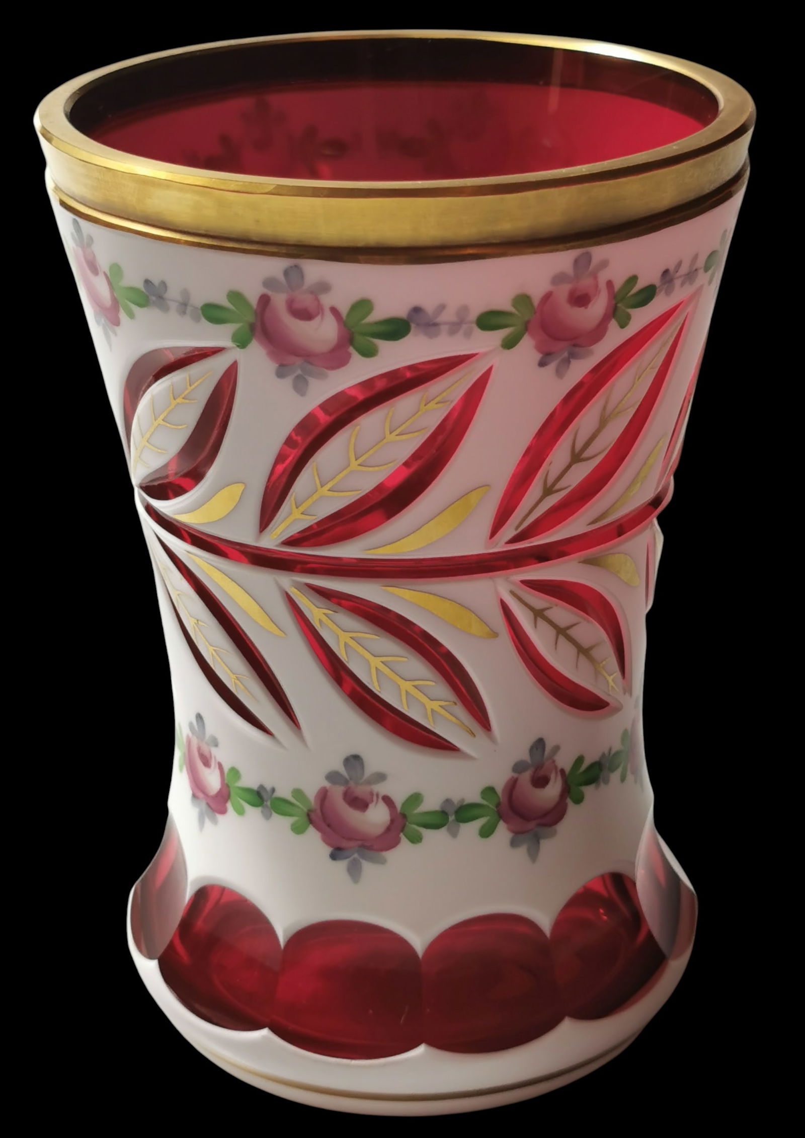 Moser Czech Bohemian Cut Overlay Decorative Vase: Title: Moser Czech Bohemian Cut Overlay Decorative Vase Description: Moser Czech Bohemian cut overlay decorative vase featuring an intricate Rose pattern in cranberry, white, and gold. 