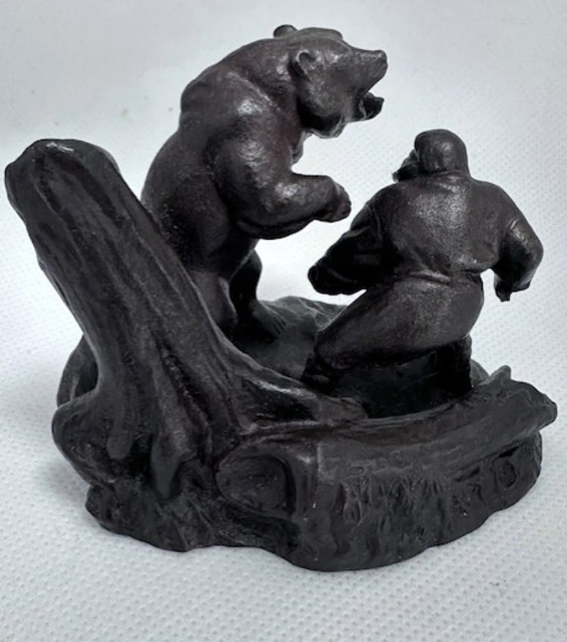 Unique Cast Iron Or Potential Bronze Bear & Hunter Sculpture (1 of 5)