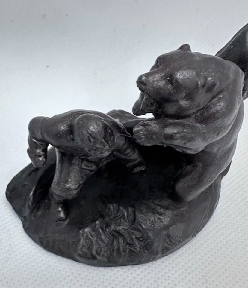 Unique Cast Iron Or Potential Bronze Bear & Hunter Sculpture - 2