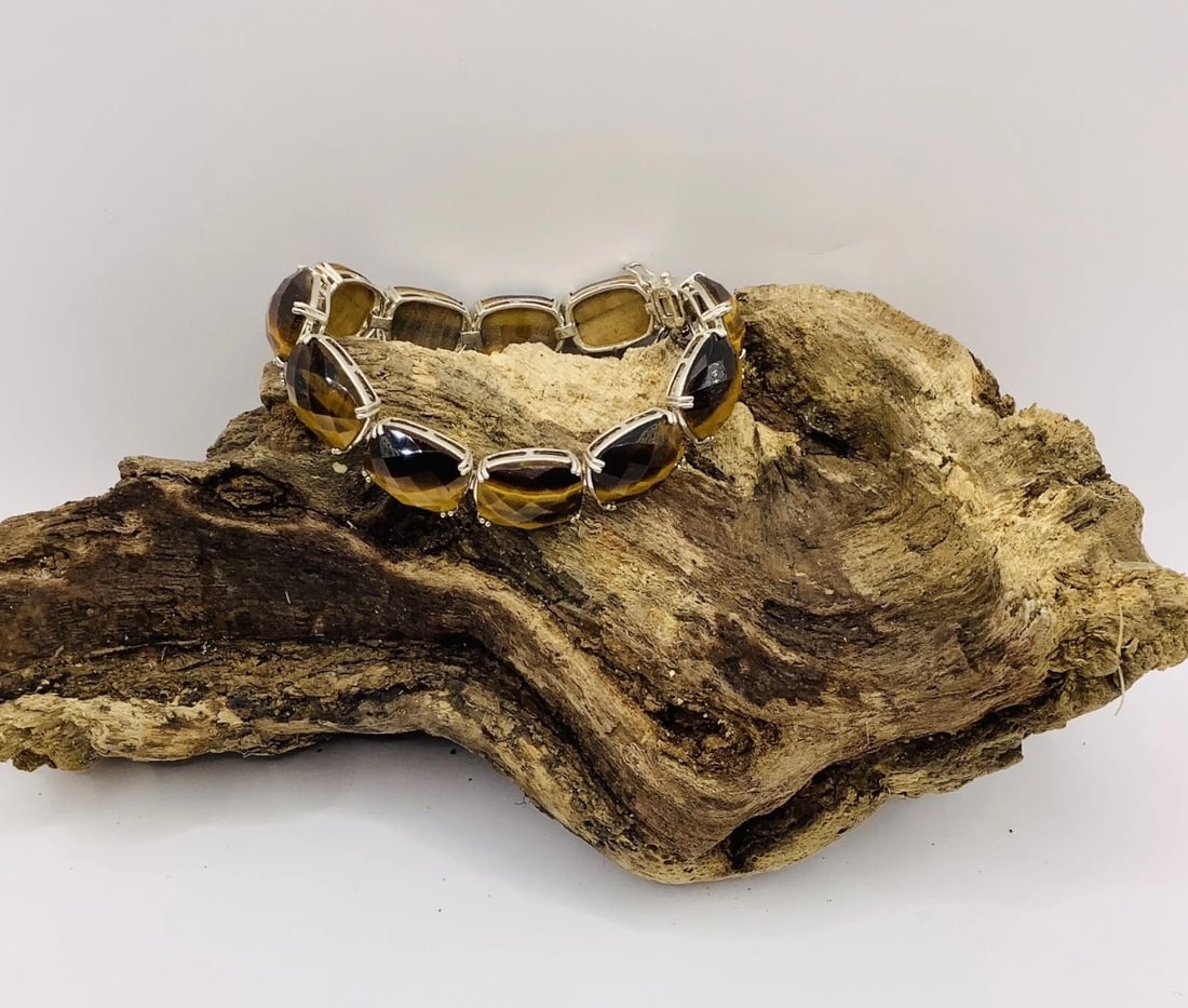 Vintage 1980s Unisex Sterling Silver Tigers Eye Cabochon Bracelet 8 inch 29.4g: Title: Vintage 1980s Unisex Sterling Silver Tigers Eye Cabochon Bracelet 8 inch 29.4g Description: vintage 1980s Unisex Sterling Silver Tigers Eye Cabochon Bracelet 8 inch