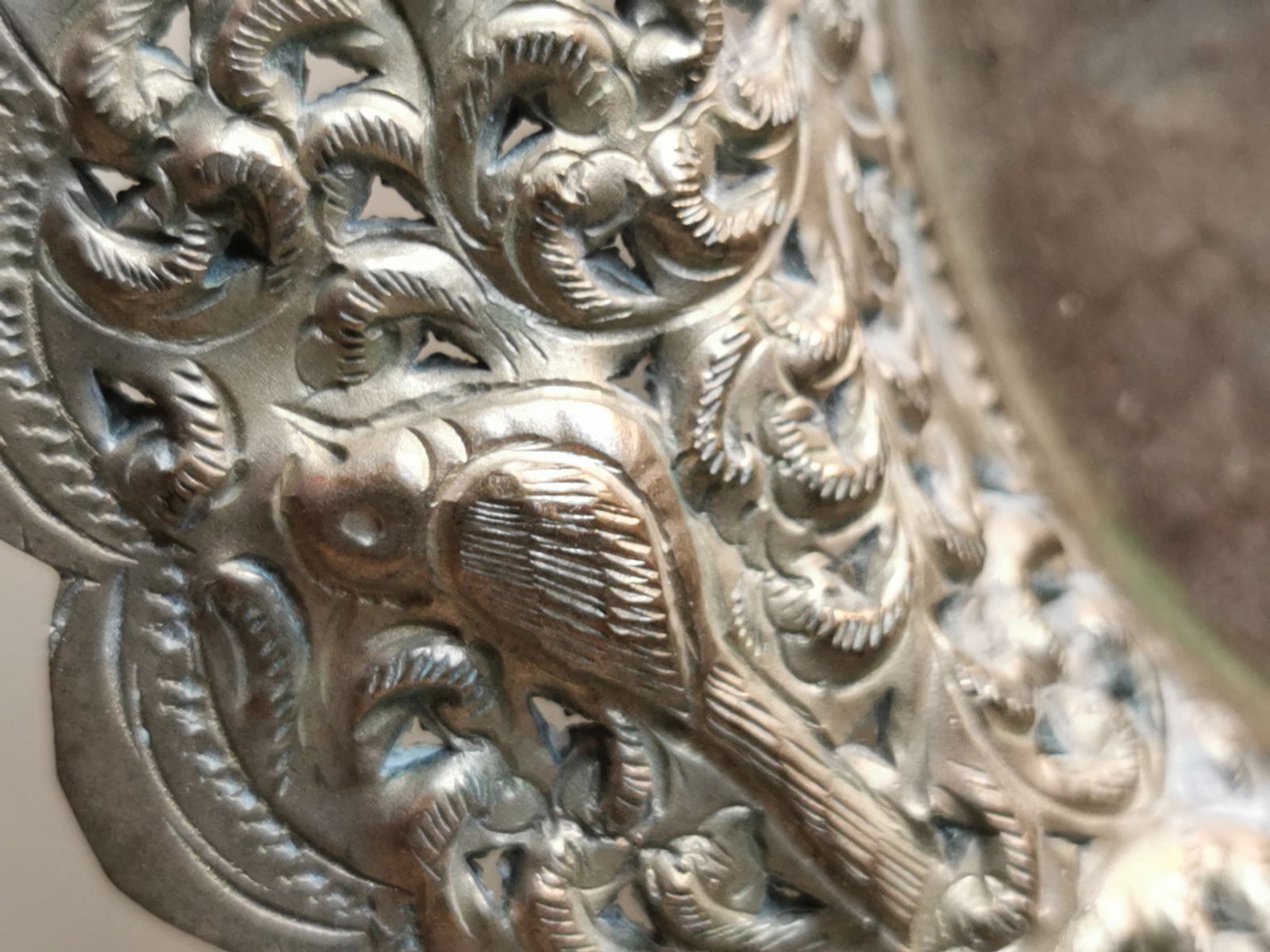 Signed Antique Silver Plate Tray - Ornate Bird Design - 3