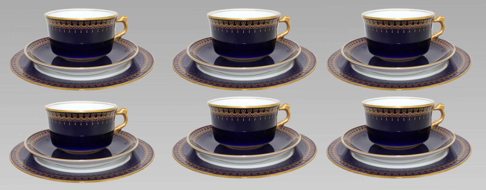 Set of 6 Romanov Collection Cobalt Blue Trios: Title:Set of 6 Romanov Collection Cobalt Blue Trios Description: Romanov Collection Cobalt and Gilt Porcelain Coffee Service, Late 20th Century A striking six-place coffee service from the Romanov