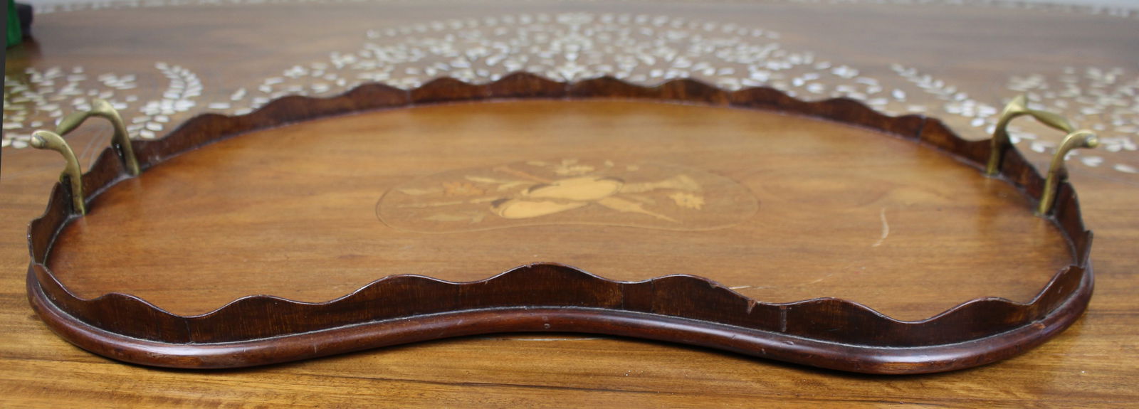 Antique Inlaid Wooden Tray with Brass Handles (1 of 7)