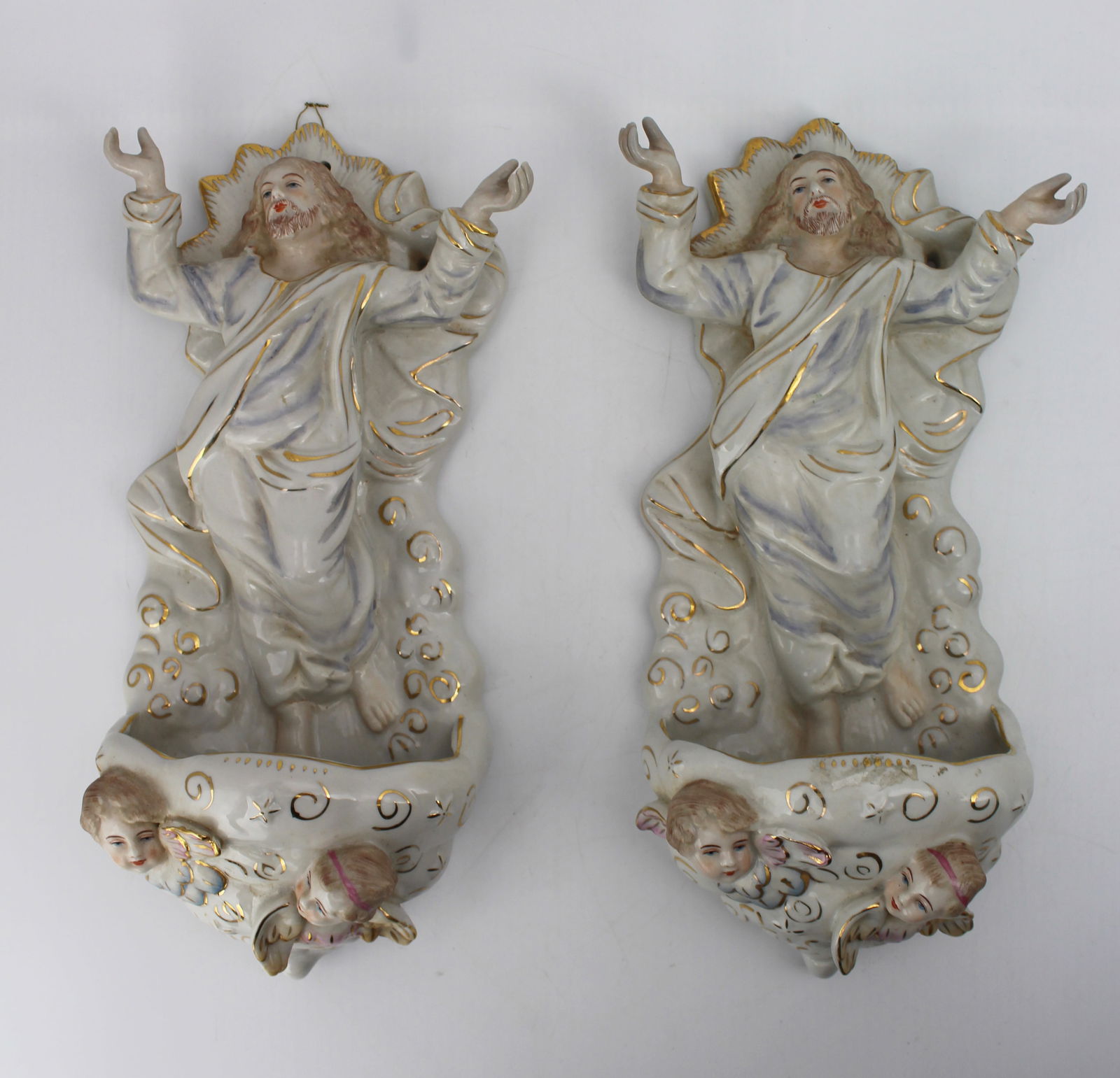 Pair of German Porcelain Wall-Mounted Holy Water Fonts, circa 1900: Title:Pair of German Porcelain Wall-Mounted Holy Water Fonts, circa 1900 Description: Pair of German Porcelain Wall-Mounted Holy Water Fonts, circa 1900 A decorative pair of antique German porcelain