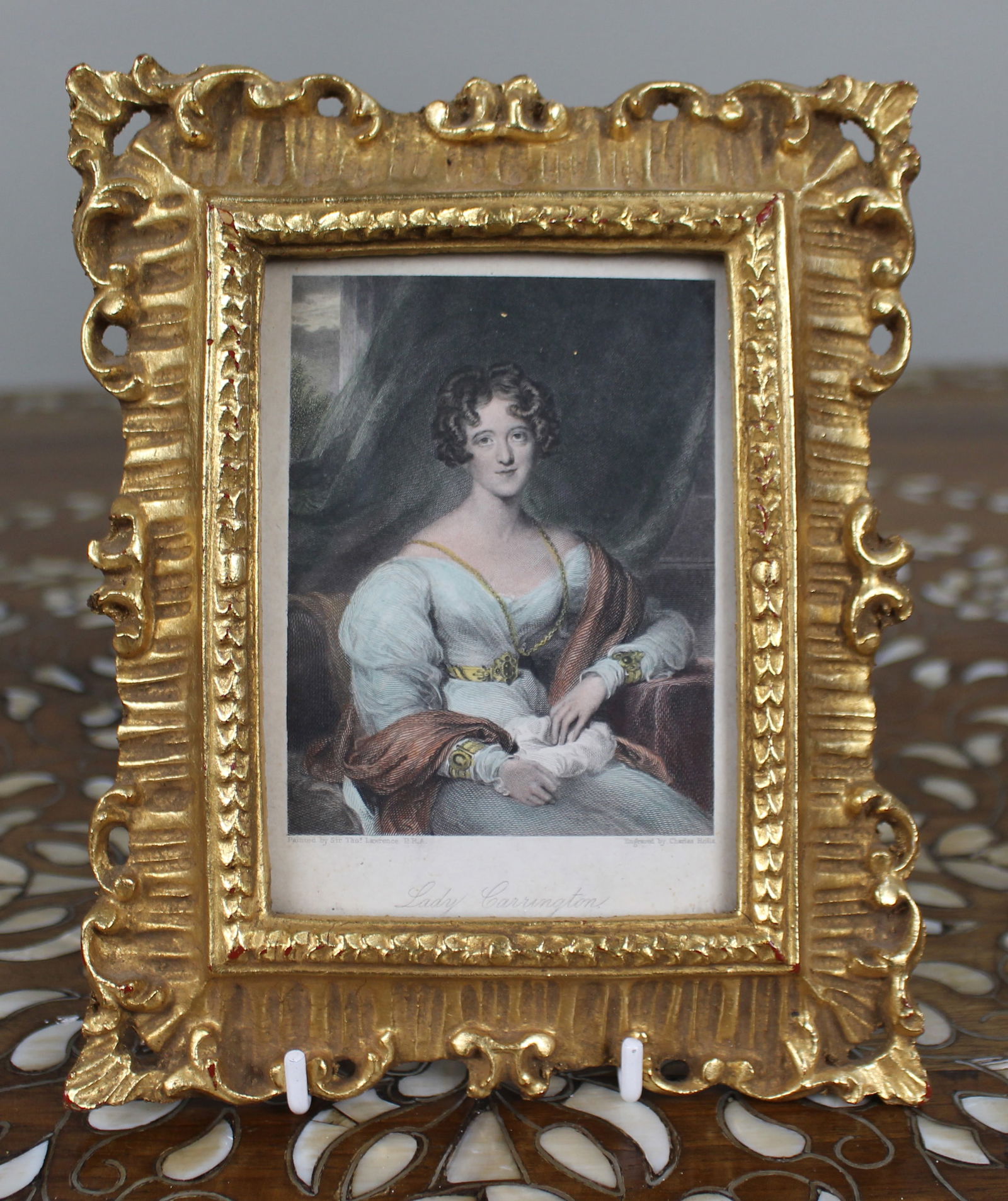 Early 19th Century Coloured Mezzotint in Gilt Frame: Title:Early 19th Century Coloured Mezzotint in Gilt Frame Description: Early 19th Century Coloured Mezzotint – Lady Carrington after Sir Thomas Lawrence A finely engraved early 19th century