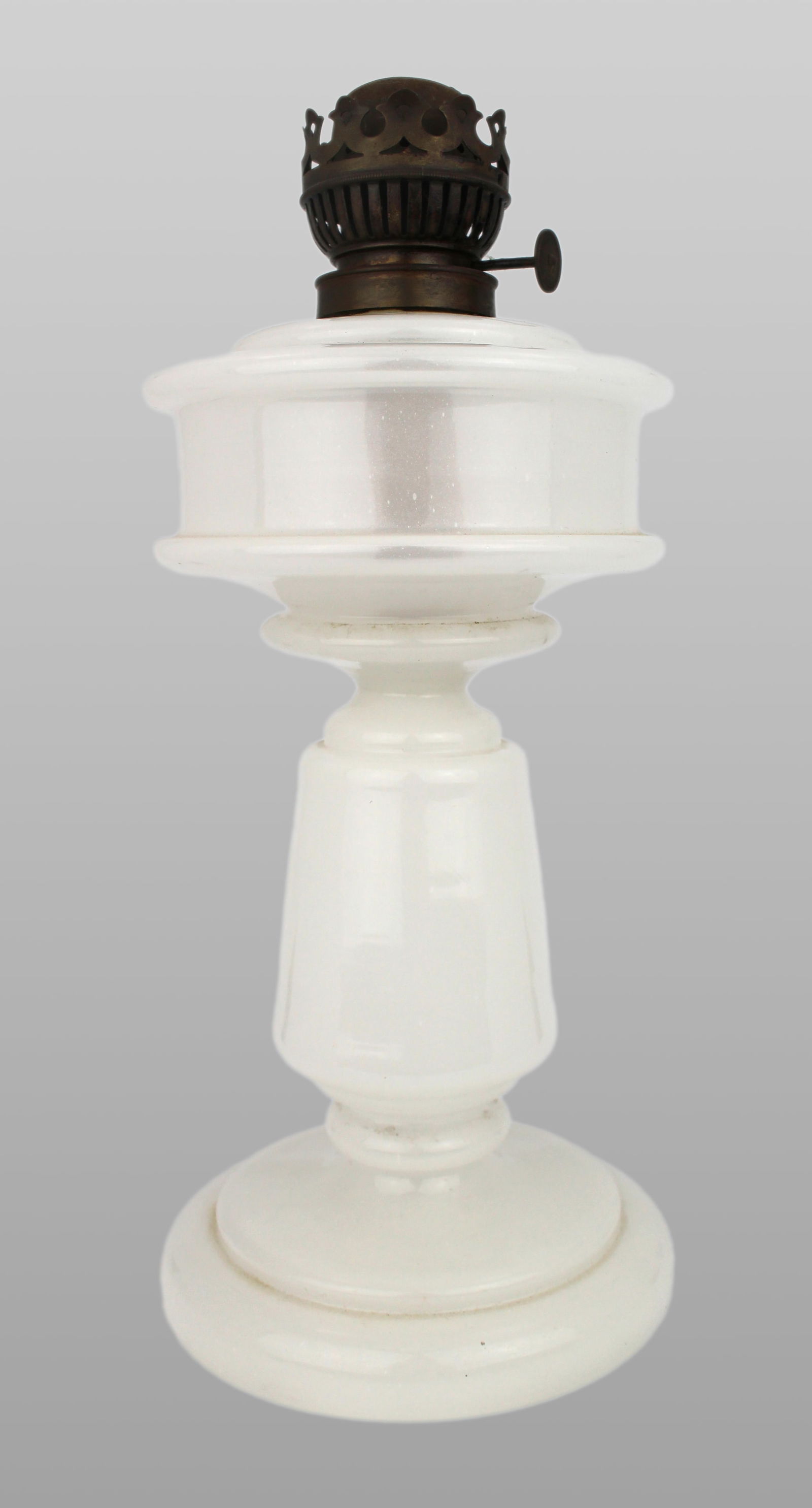 Victorian White Opaline Glass Oil Lamp with Cosmos Burner: Title:Victorian White Opaline Glass Oil Lamp with Cosmos Burner Description: Victorian White Opaline Glass Oil Lamp with Cosmos Burner England, circa 1890 A fine late Victorian oil lamp featuring