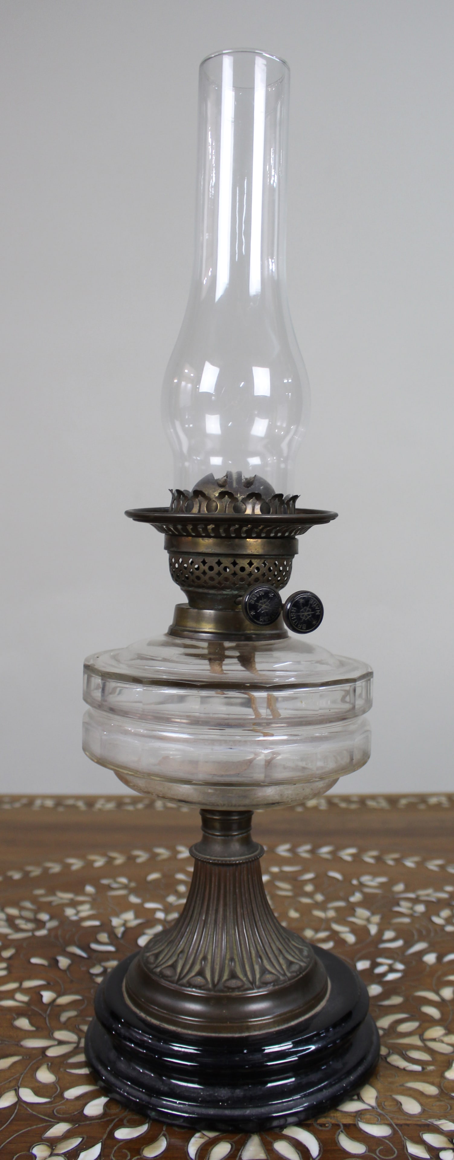 British Oil Lamp with Clear Glass Font and Bronze Base, c.1920: Title:British Oil Lamp with Clear Glass Font and Bronze Base, c.1920 Description: British Oil Lamp with Clear Glass Font and Bronze Base, c.1920 A handsome early 20th century British oil l