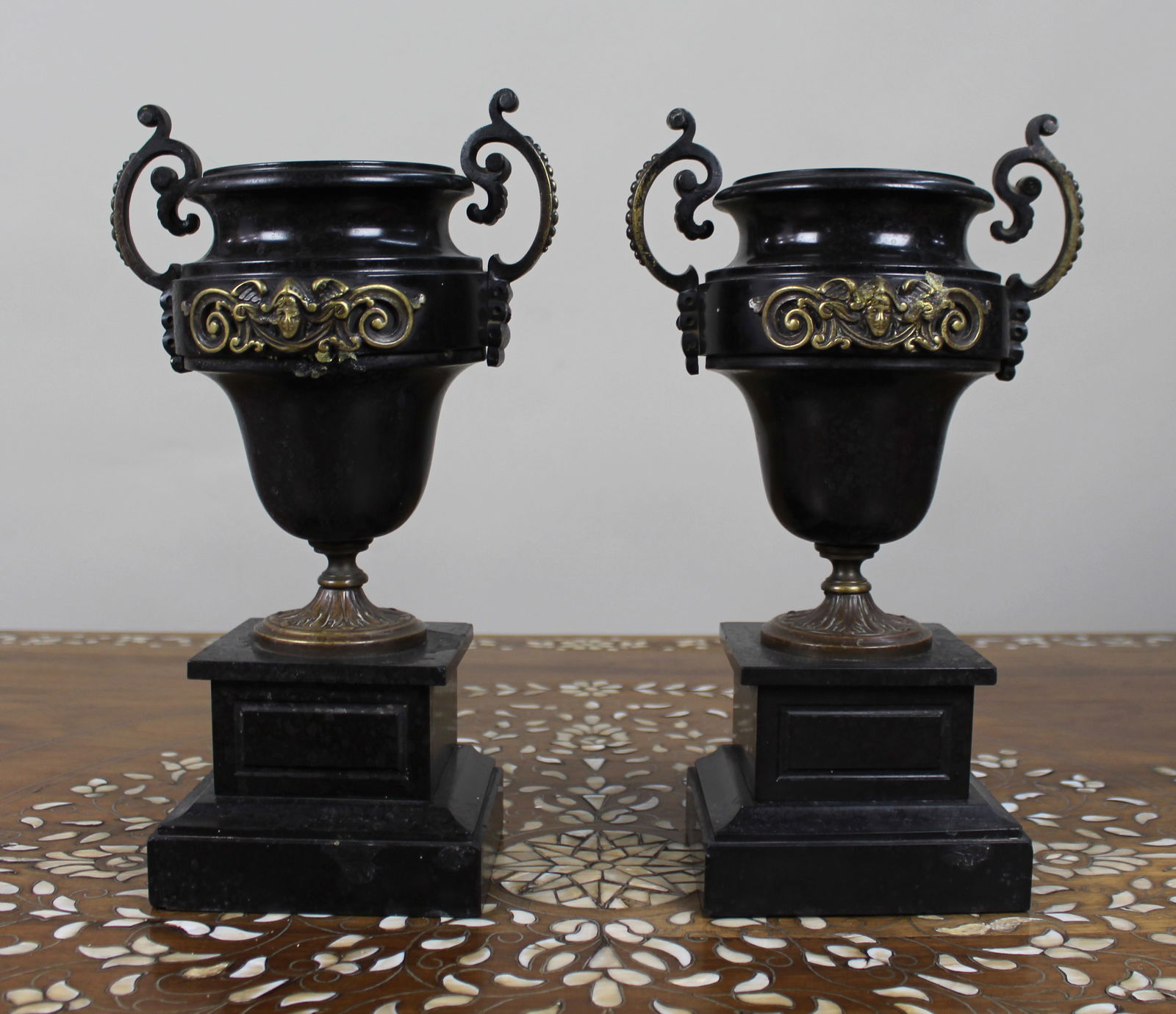 Pair of French Bronze and Marble Urns: Title:Pair of French Bronze and Marble Urns Description: Pair of French Bronze and Marble Urns France, circa 1870 A decorative pair of 19th-century French urns in the neoclassical styl