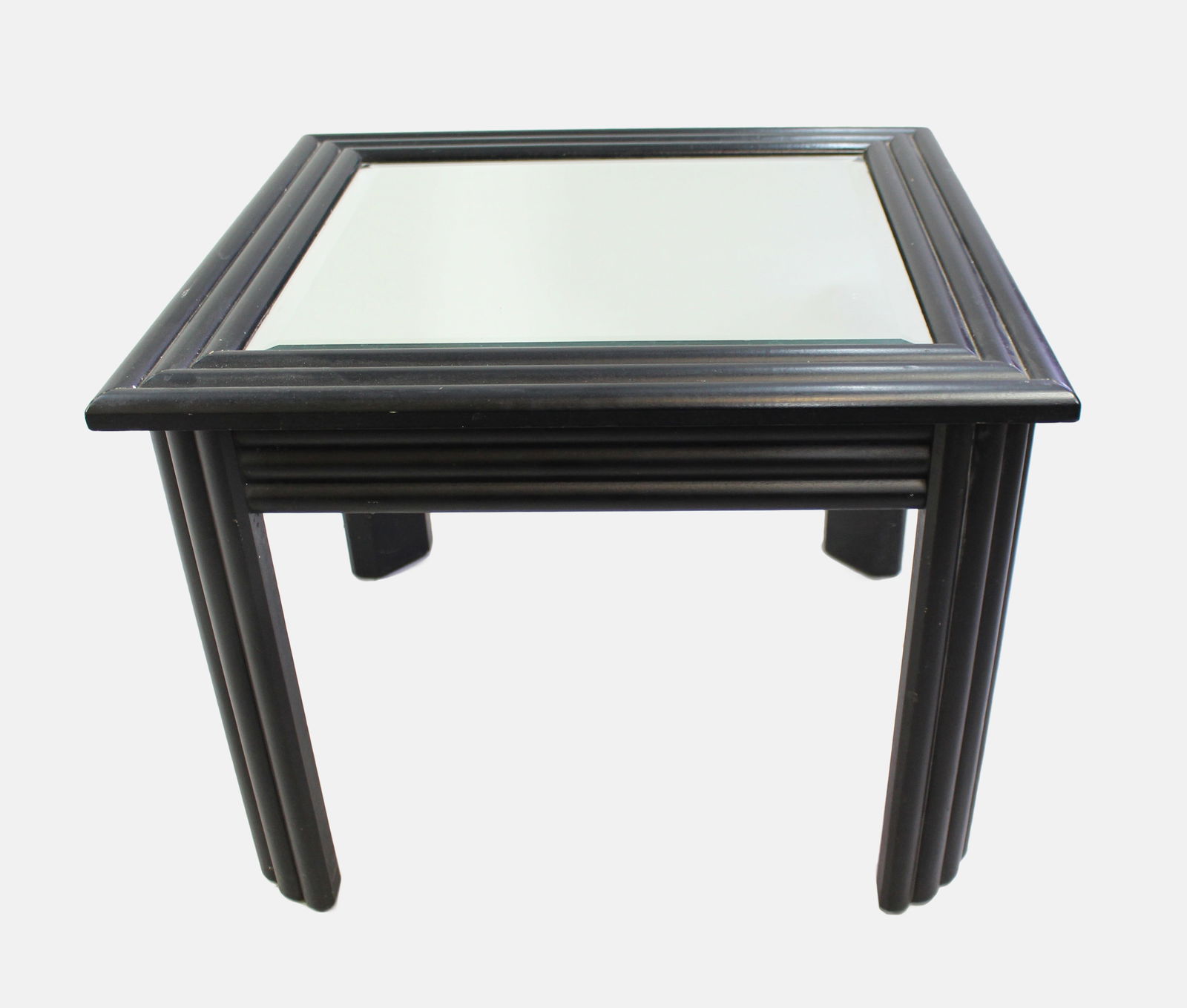 Mirror Topped Ebonized Side Table: Title:Mirror Topped Ebonized Side Table Description: Mirror Topped Ebonized Side Table Measures 61 x 56 x 46 (height) cm Late 20th C. Bevelled mirror top. Painted ebonized wood body and legs 