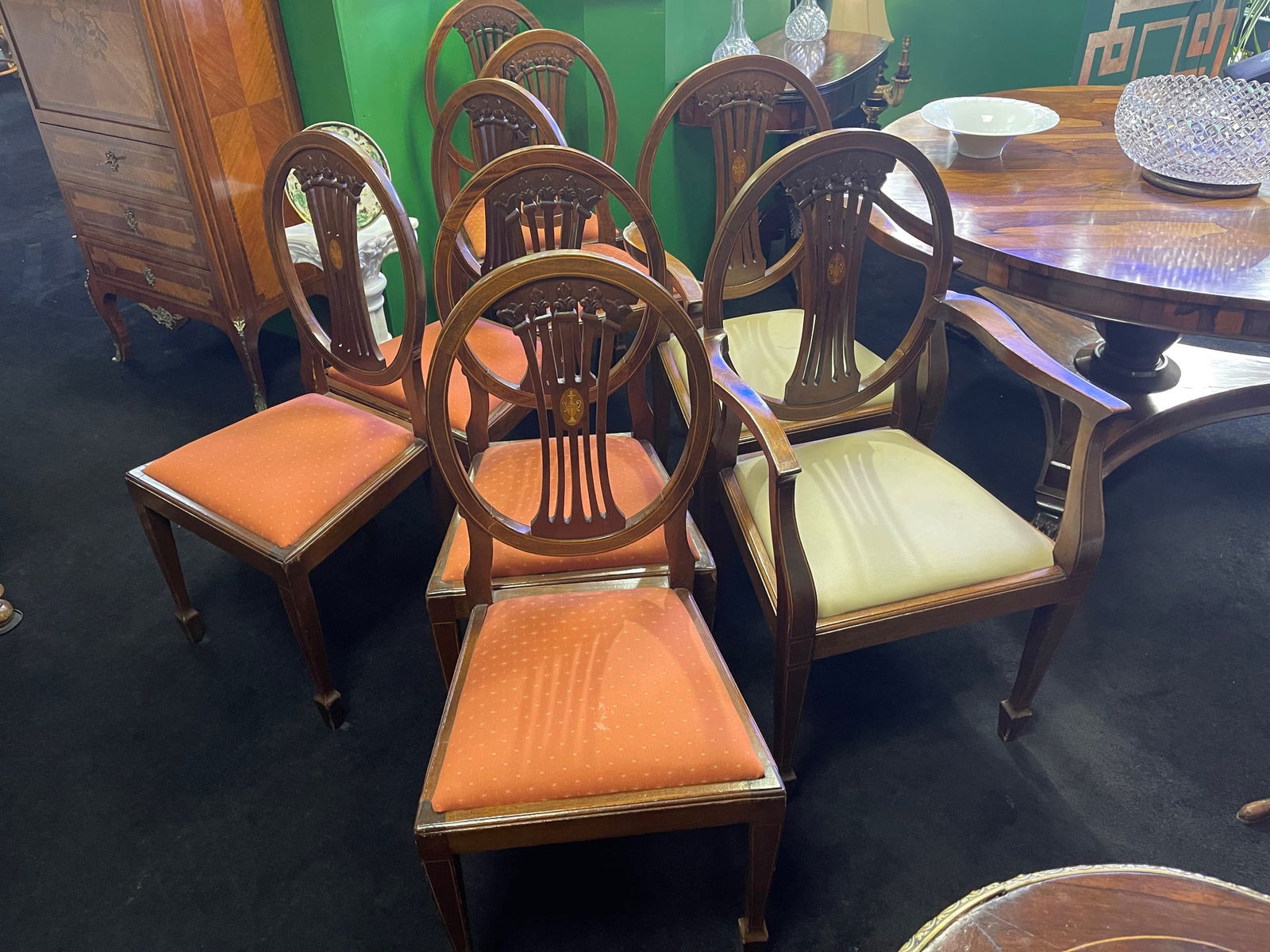 Set of 8 Mahogany Inlaid Dining Chairs: Title:Set of 8 Mahogany Inlaid Dining Chairs Description: Set of 8 Mahogany Inlaid Dining Chairs Early/mid 20th C. Two carver armchairs & six dining chairs Carved mahogany frames with