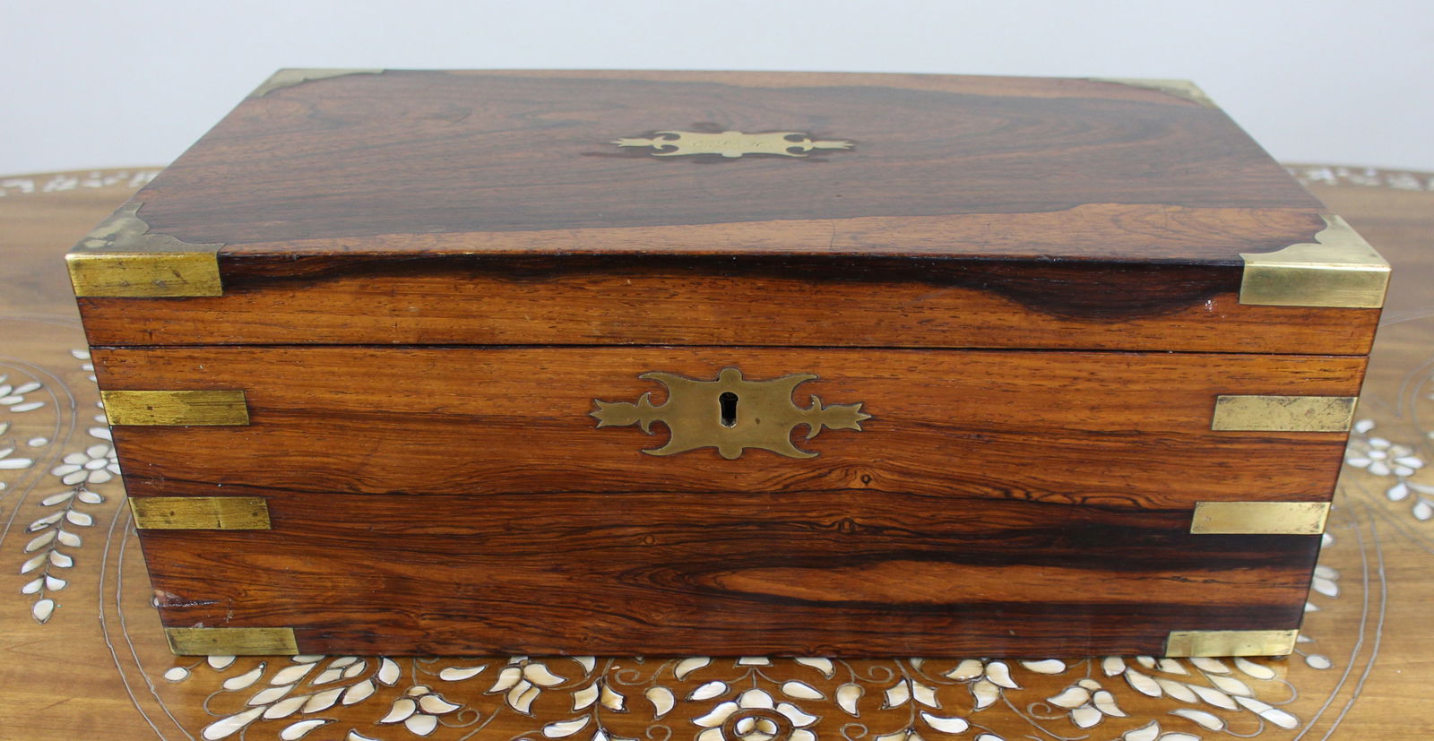 Antique Brass-Bound Rosewood Writing Slope, c.1850: Title:Antique Brass-Bound Rosewood Writing Slope, c.1850 Description: Antique Brass-Bound Rosewood Writing Slope, c.1850 Nice quality mid-19th century English brass-bound writing slope in