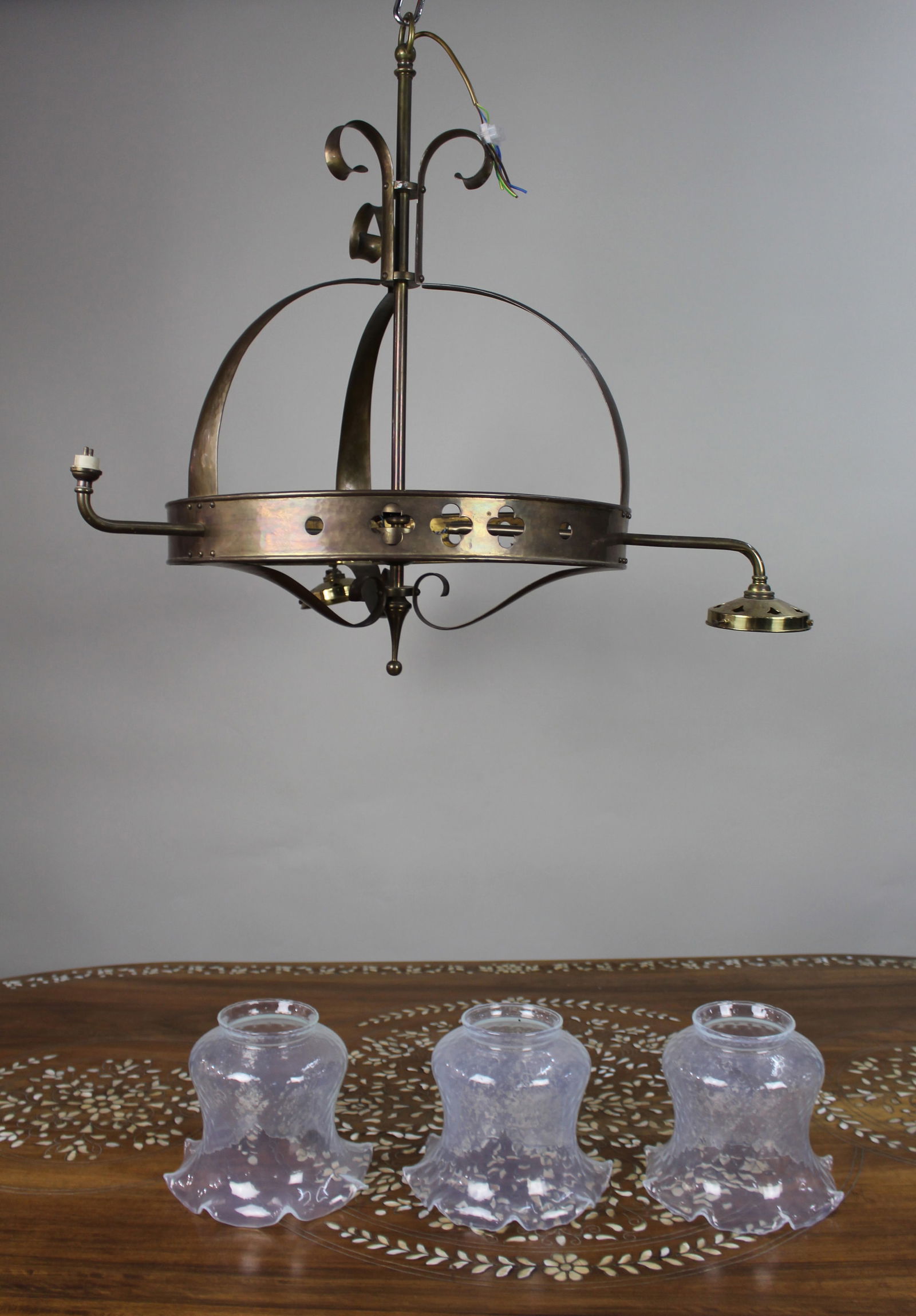 Antique Gothic Revival Brass Three-Light Gasolier with Opalescent Glass Shades, circa 1900: Title:Antique Gothic Revival Brass Three-Light Gasolier with Opalescent Glass Shades, circa 1900 Description: Antique Gothic Revival Brass Three-Light Gasolier with Opalescent Glass Shades, circa
