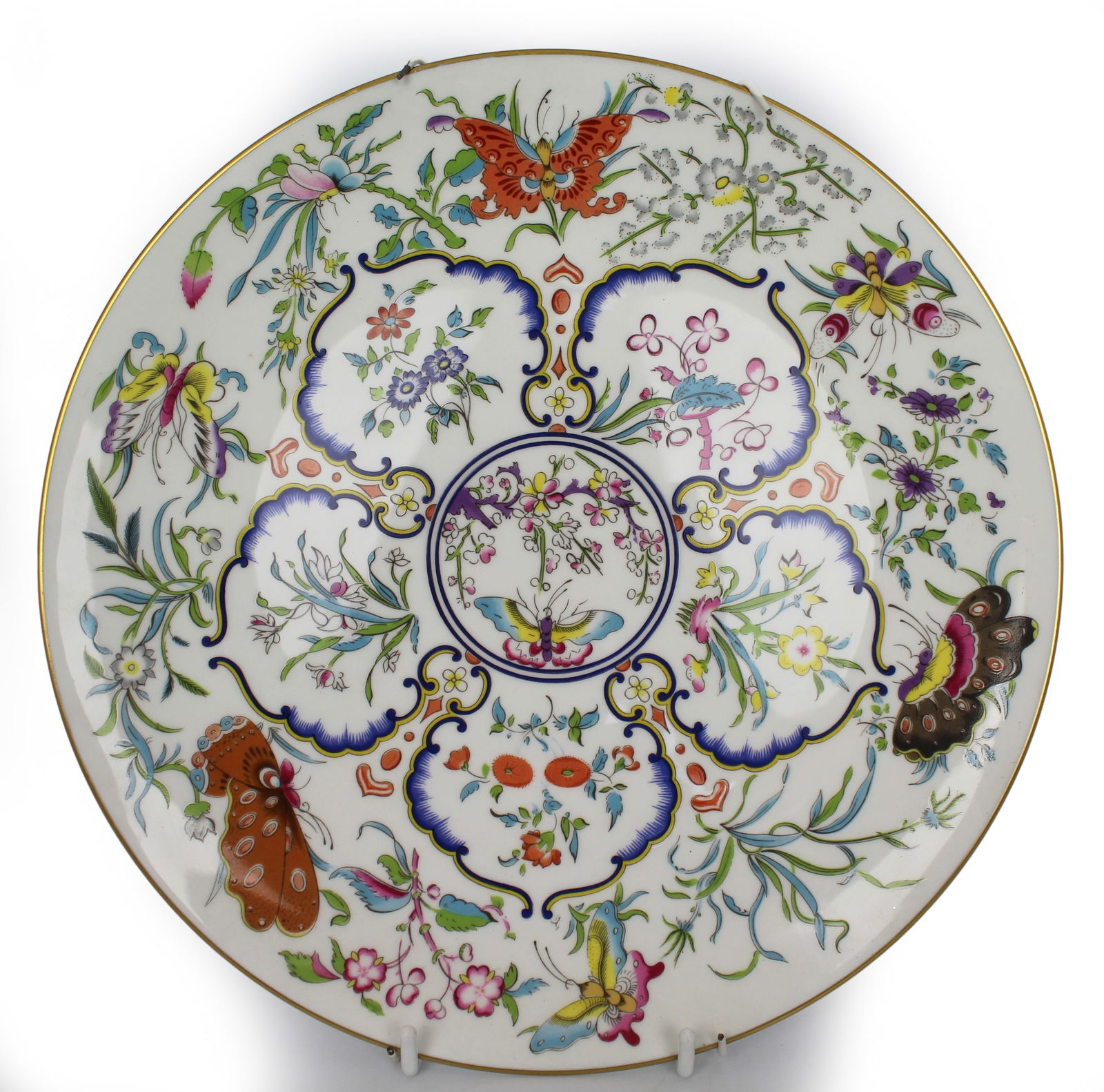Royal Worcester Chinoiserie Exotic Butterflies Plate: Title:Royal Worcester Chinoiserie Exotic Butterflies Plate Description: Royal Worcester Chinoiserie Exotic Butterflies Plate Royal Worcester. Metal plate stand for wall hanging. Diamet