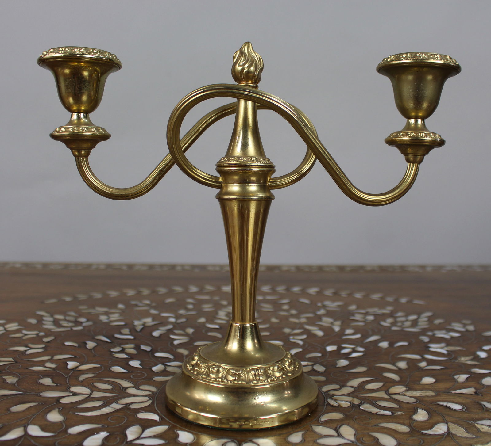 Vintage Gold-Plated Twin-Branch Candelabra: Title:Vintage Gold-Plated Twin-Branch Candelabra Description: Vintage Gold-Plated Twin-Branch Candelabrum A stylish vintage gold-plated two-branch candelabrum by Galanthe of England, craft