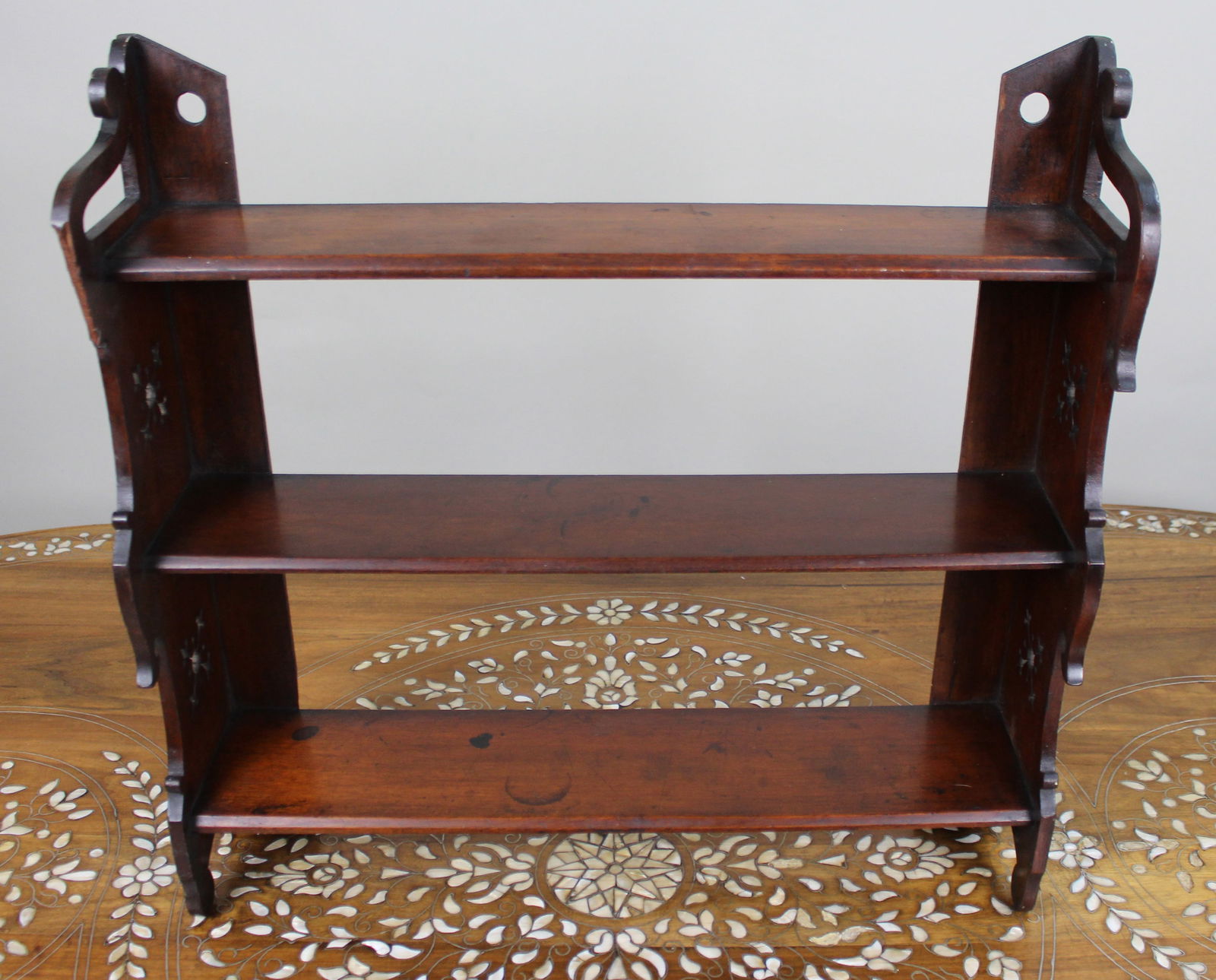 Antique Small Mahogany Wall Shelves, c.1900: Title:Antique Small Mahogany Wall Shelves, c.1900 Description: Antique Small Mahogany Wall Shelves, c.1900 Dimensions: 57 cm wide × 14 cm deep × 55 cm high A decorative small antique