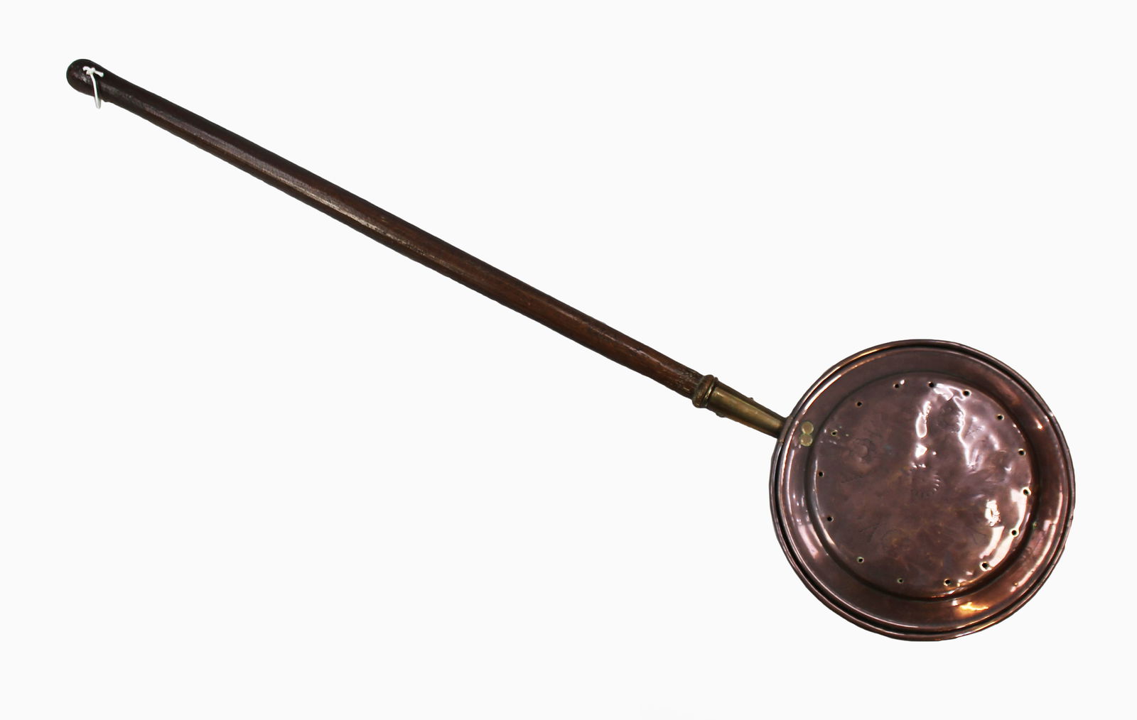 Long Copper Wooden Warming Pan: Title:Long Copper Wooden Warming Pan Description: Long Copper Wooden Warming Pan Late 18th C. English Long wooden handle. Engraved copper pan. Length: 122 cm. Drilled hanging hole to the top. 