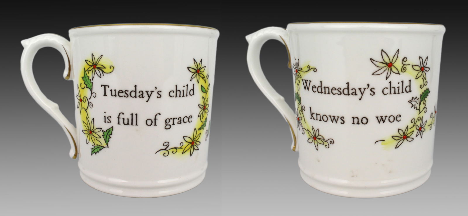 Pair of Royal Worcester “Days of the Week” Tankards: Title:Pair of Royal Worcester “Days of the Week” Tankards Description: Pair of Royal Worcester “Days of the Week” Bone China Nursery Tankards Tuesday’s Child &