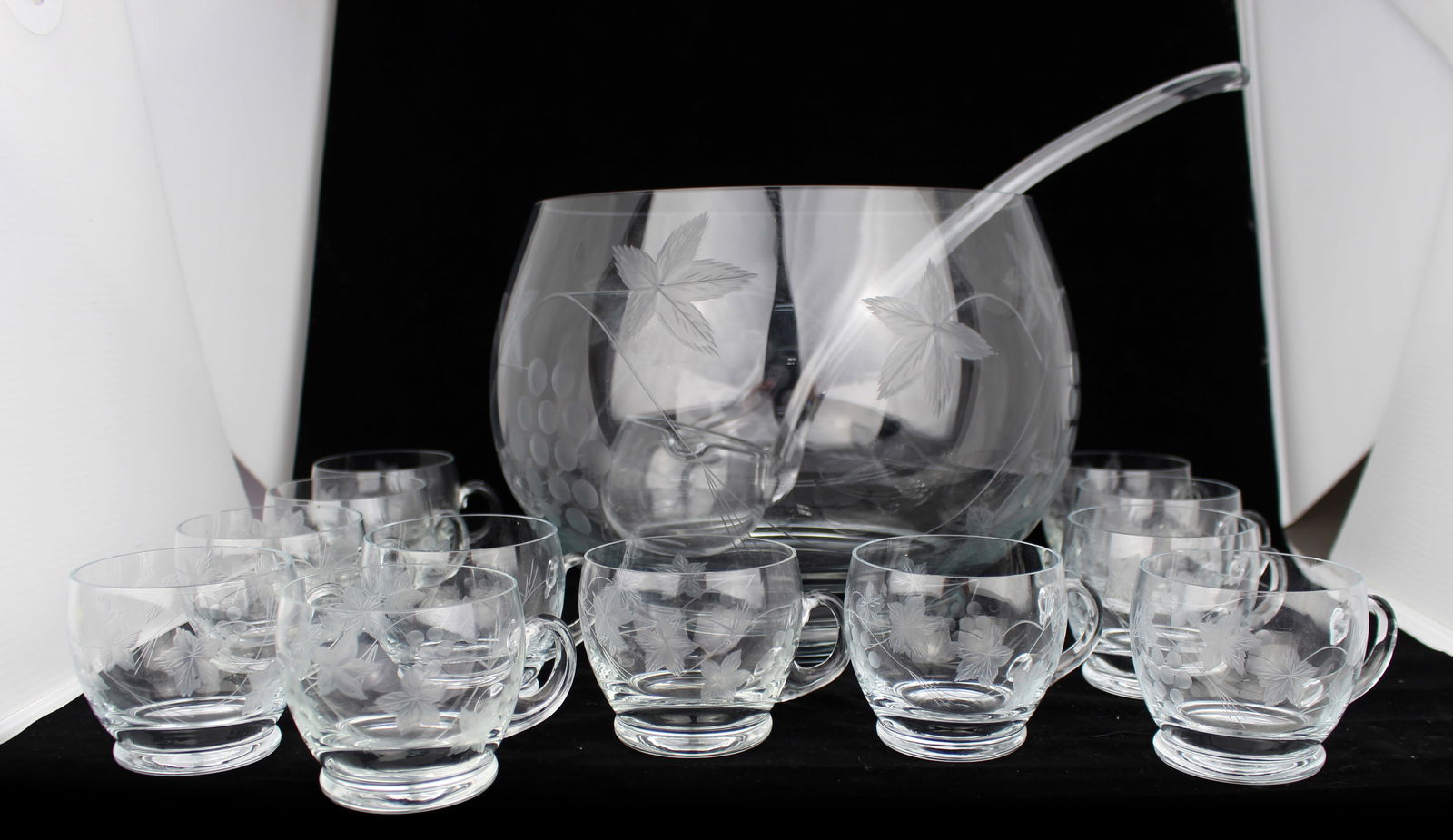Vintage Etched Crystal Punch Bowl, Ladle & 12 Glasses (1 of 4)