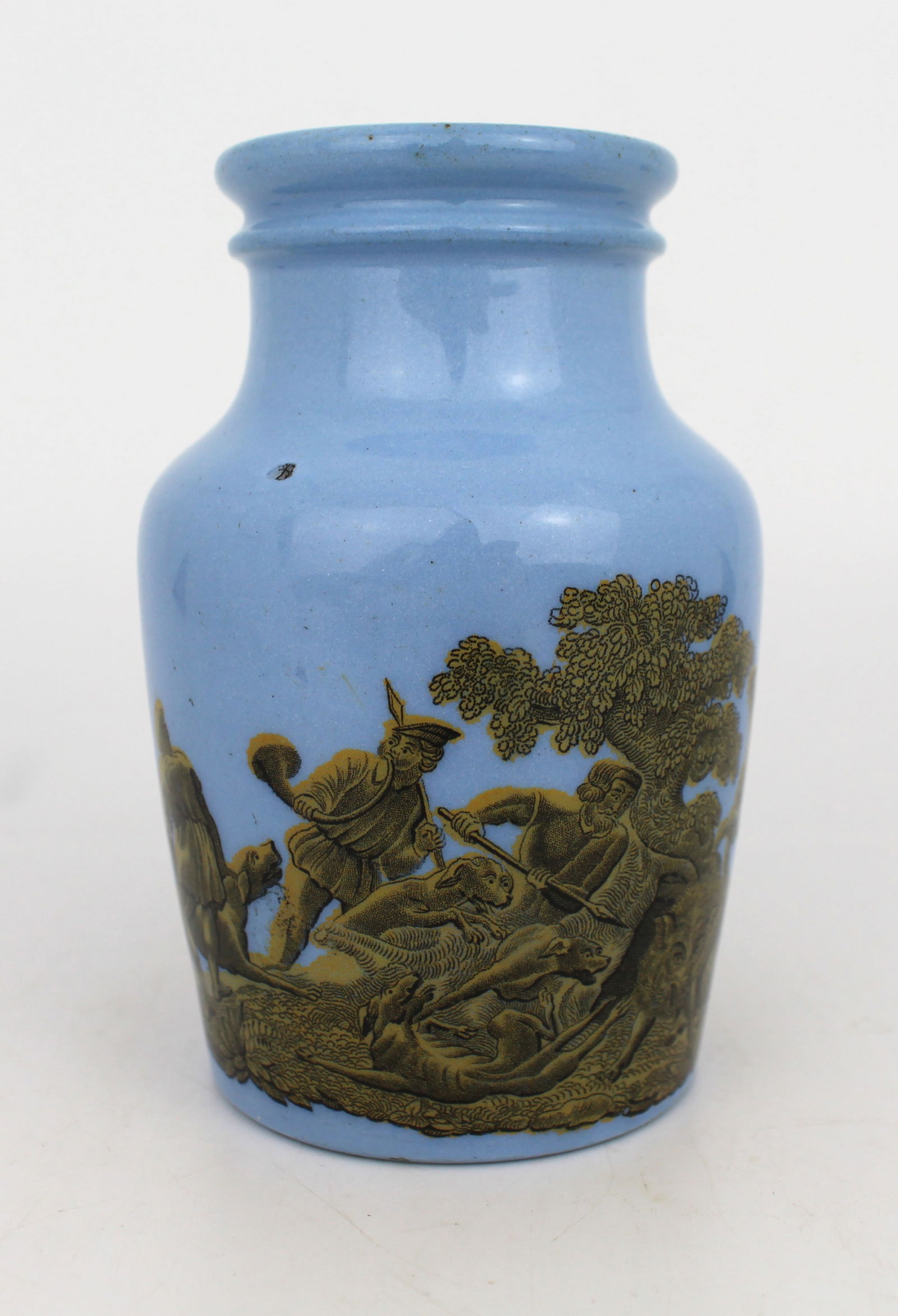 Small 19th Century Continental Blue Glazed Vase with Hunting Scene: Title:Small 19th Century Continental Blue Glazed Vase with Hunting Scene Description: Small 19th Century Continental Blue Glazed Vase with Hunting Scene A decorative small ceramic vase, likely