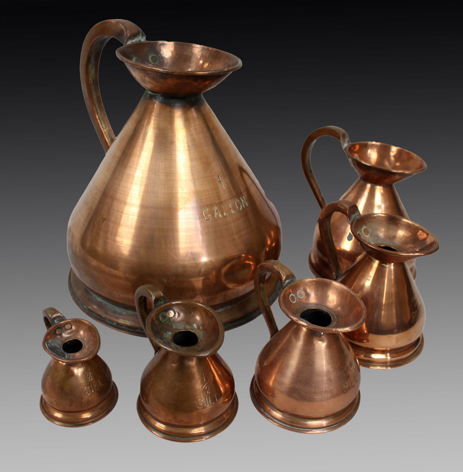 Set of 6 Antique Graduated Haystack Copper Jugs: Title:Set of 6 Antique Graduated Haystack Copper Jugs Description: Early Victorian Set of Six Graduated Copper Haystack Measures A good and complete set of six antique English copper haystack