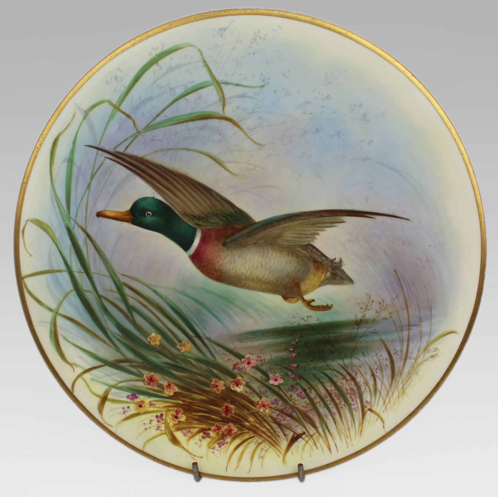 Antique 19th C. English Hand Painted Porcelain Plate Mallard Duck: Title:Antique 19th C. English Hand Painted Porcelain Plate Mallard Duck Description: Antique 1897 Hand Painted Porcelain Plate – Mallard Duck in Flight – Signed E.D. – Bishop &