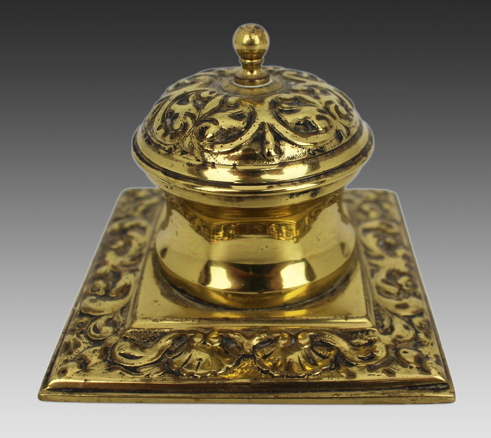 Victorian Brass Inkwell with Ornate Scrollwork – c.1880 (1 of 6)
