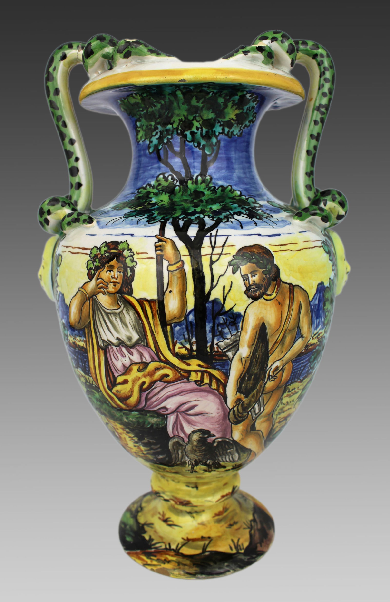 Hand-Painted Italian Majolica Two-Handled Vase with Serpent Handles c.1900: Title:Hand-Painted Italian Majolica Two-Handled Vase with Serpent Handles c.1900 Description: Hand-Painted Italian Majolica Two-Handled Vase with Serpent Handles c.1900 A richly decorative majolica