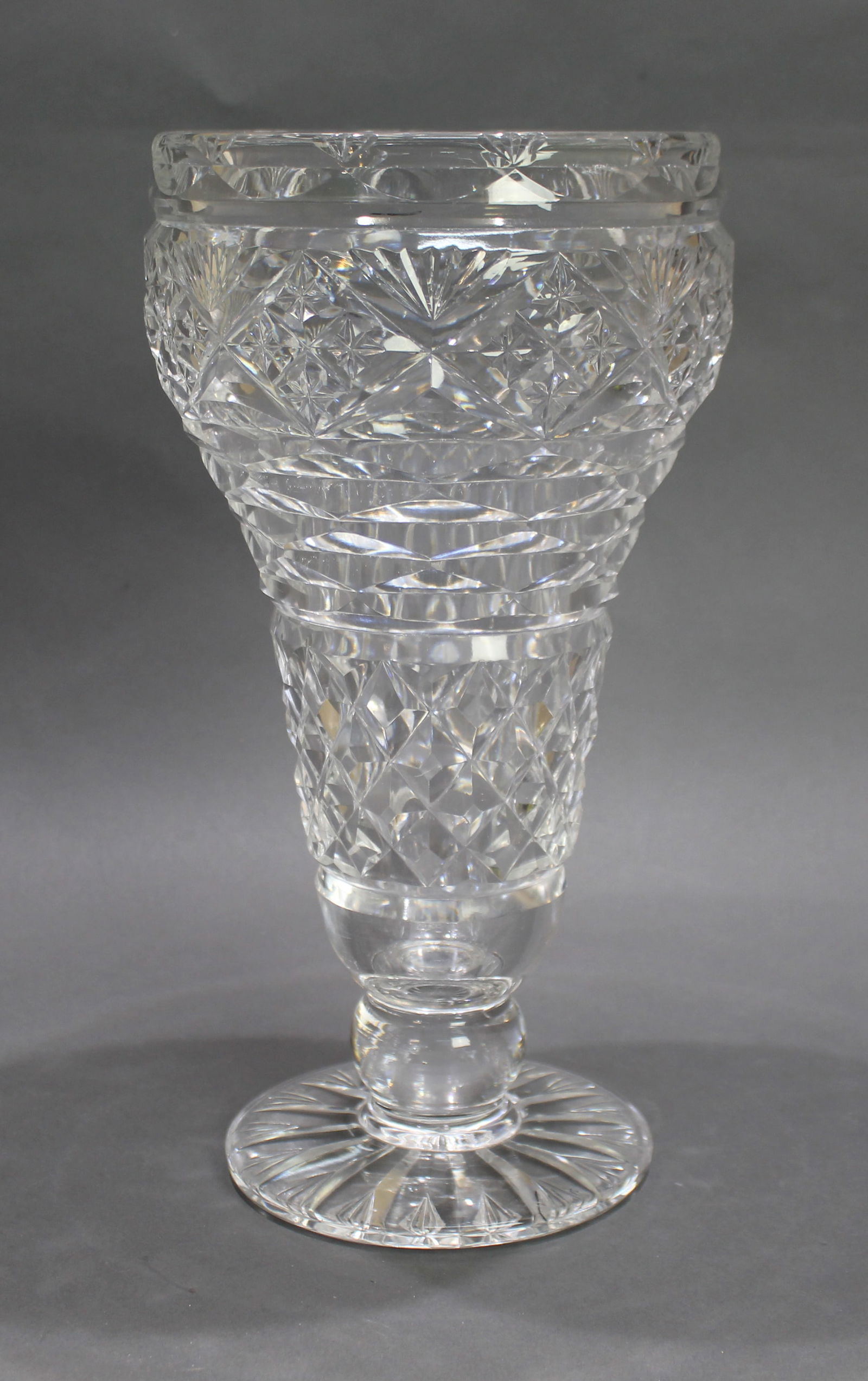 Mid 20th c. Large English Cut Glass Footed Vase (1 of 3)