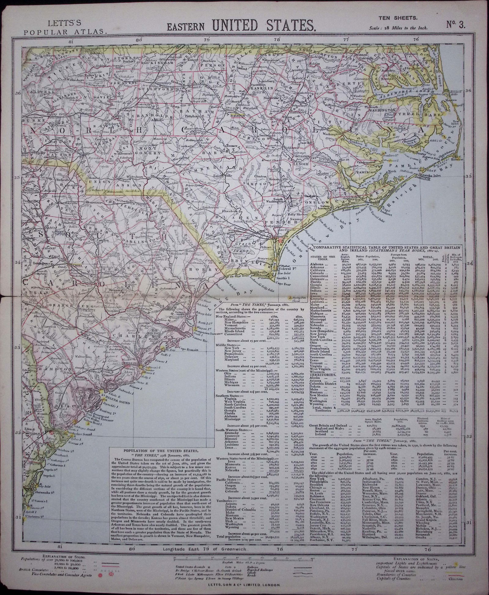 1883 Antique Letts Map United States North & South Carolina, Charleston, Hampton-3 (1 of 1)