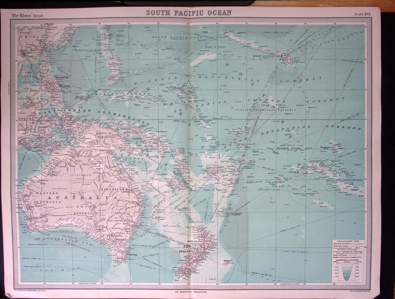 South Pacific Ocean Large Coloured Antique Map John Bartholomew (1 of 2)