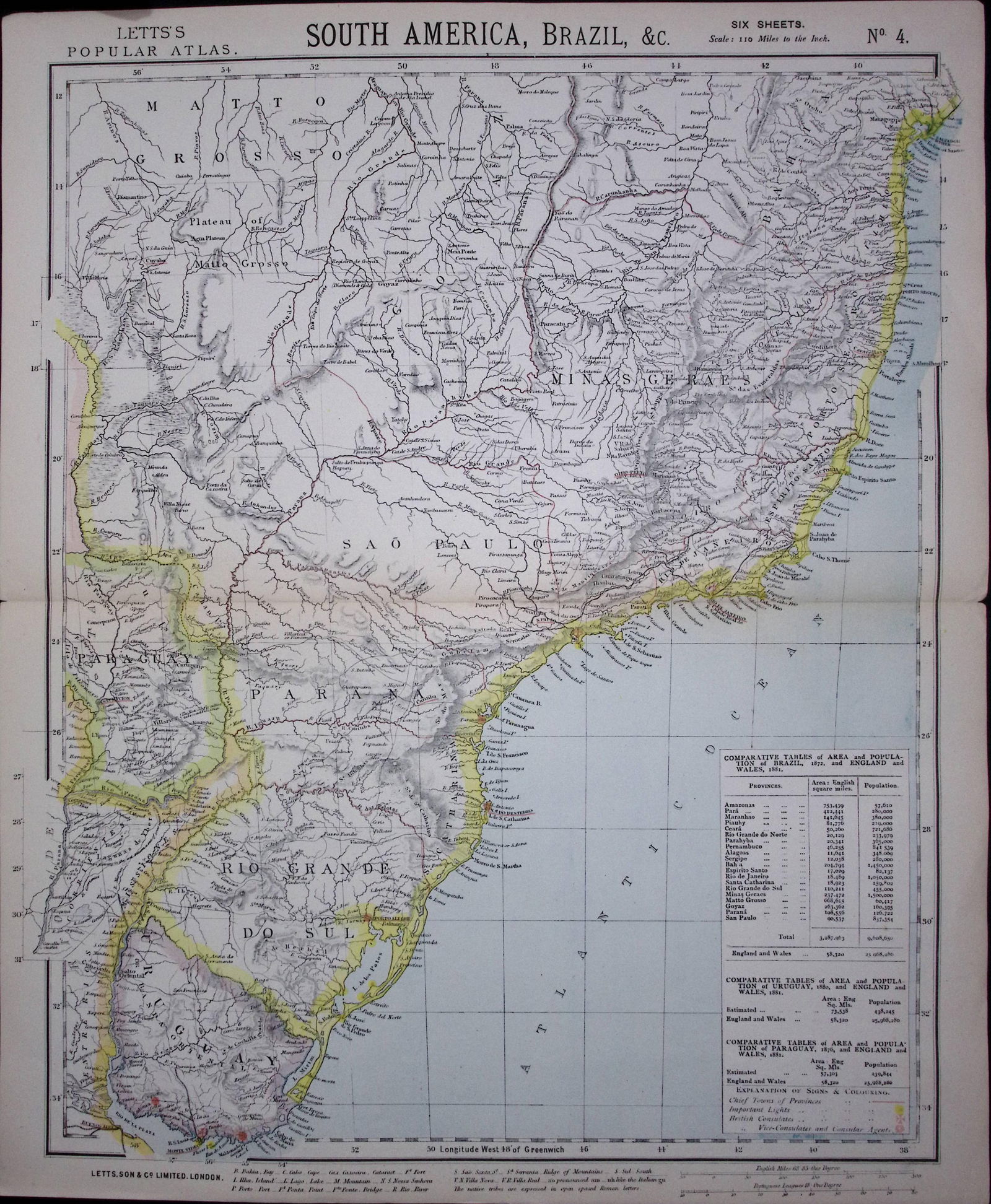 1883 Antique Coloured Letts Map South America Brazil. Paraguay-20: Title: 1883 Antique Coloured Letts Map South America Brazil. Paraguay-20 Description: Which Was Removed from an Edition of Letts Popular Atlas. Published In 1883 During the Reign of Queen