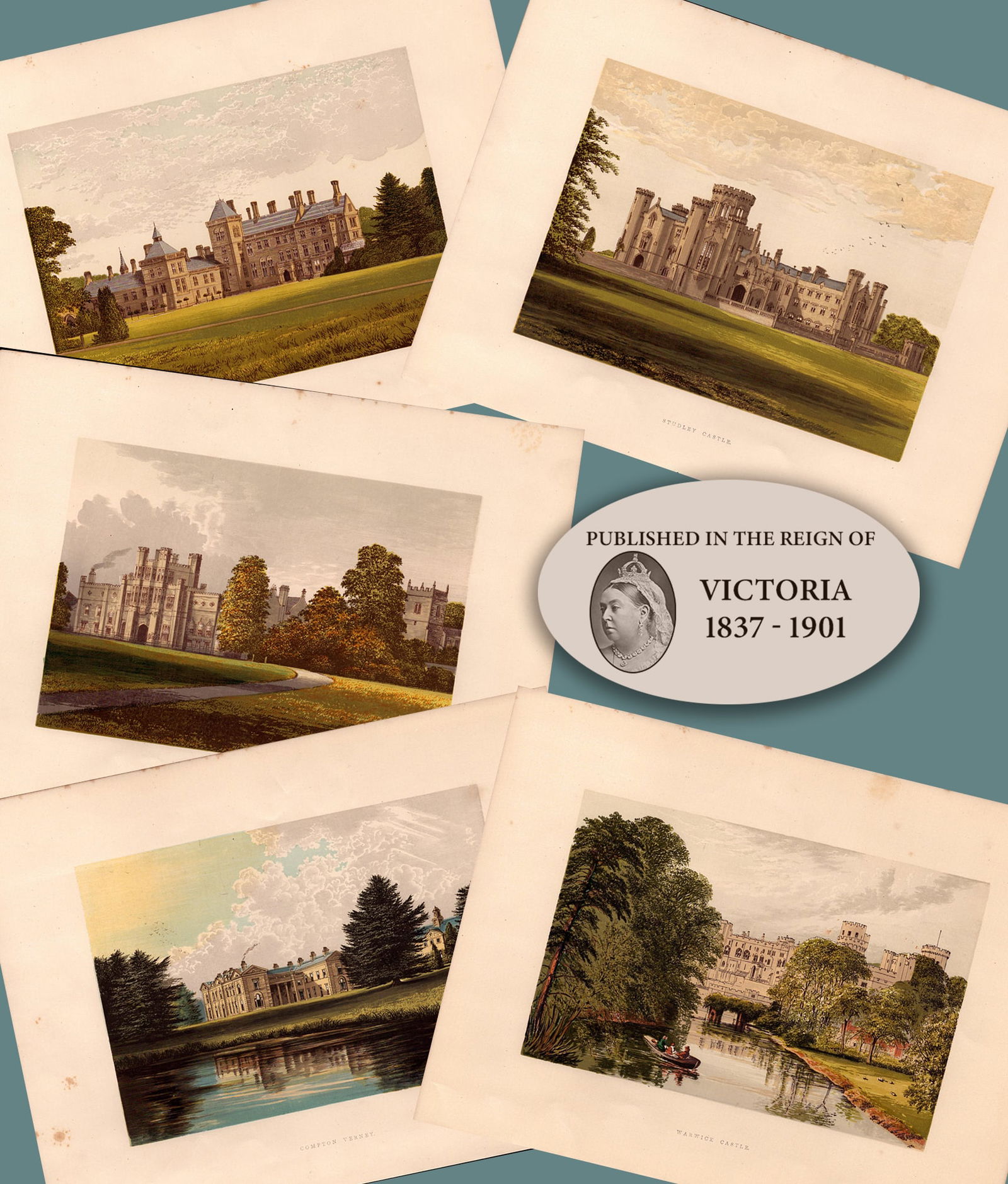 Warwickshire 150 Years-Old Job Lot Gilt-Edge Coloured Victorian Antique Book Plates.: Title: Warwickshire 150 Years-Old Job Lot Gilt-Edge Coloured Victorian Antique Book Plates. Description: This Collection of 5 Stunning Gilt-Edged Colour Plate ill