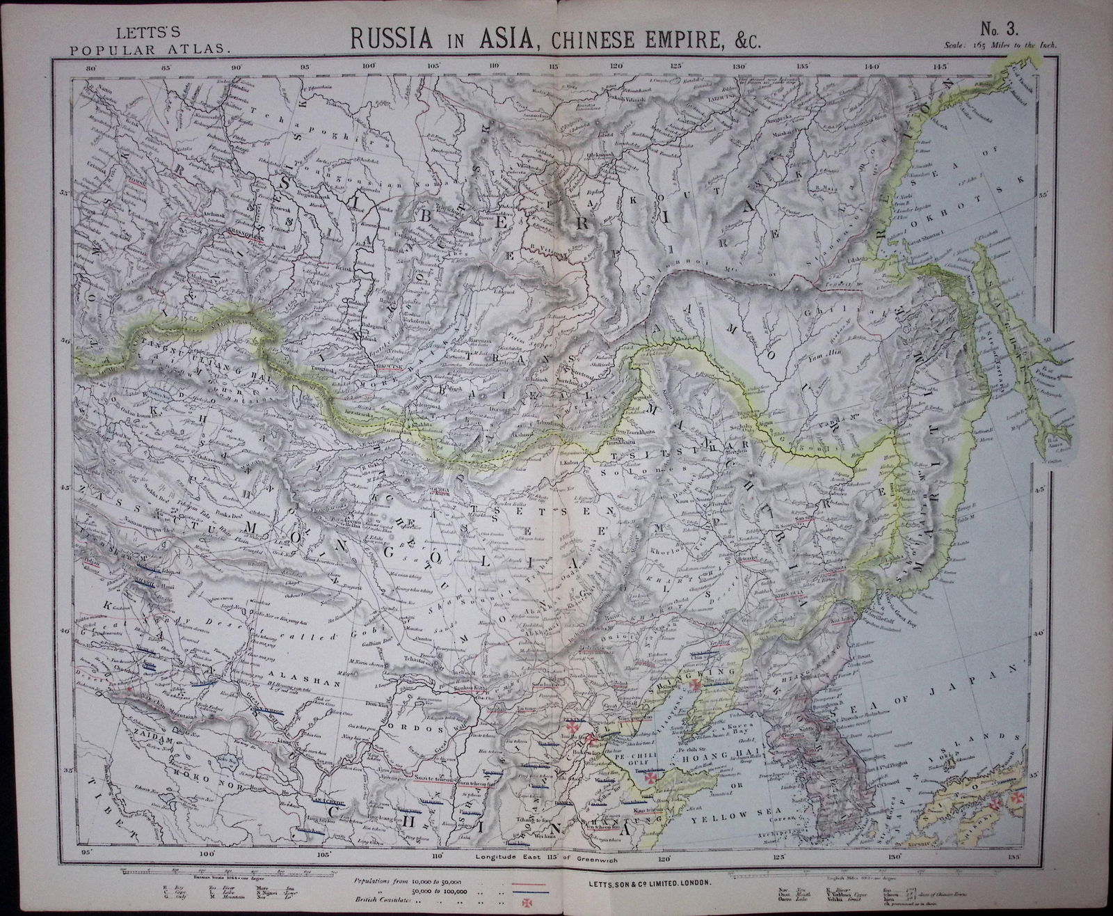 1883 Antique Coloured Letts Map Russia, Chinese Empire, Asia-27: Title: 1883 Antique Coloured Letts Map Russia, Chinese Empire, Asia-27 Description: Which Was Removed from an Edition of Letts Popular Atlas. Published In 1883 During the Reign of Queen
