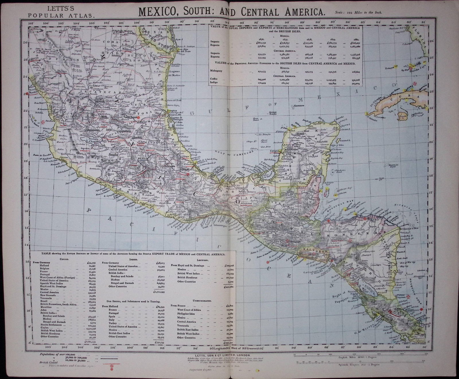 1883 Antique Coloured Letts Map Central America- & South Mexico, Cuba-16 (1 of 1)