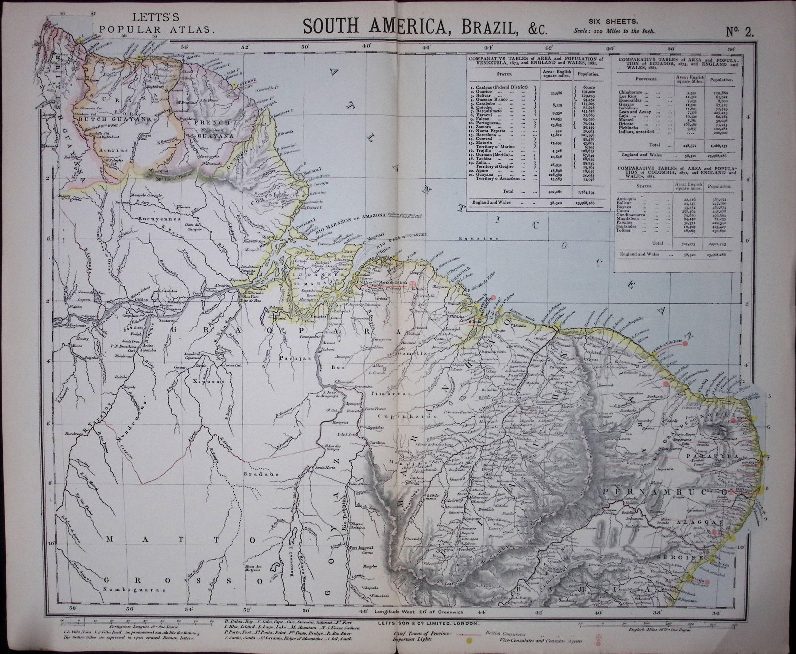1883 Antique Coloured Letts Map South America Brazil, Dutch Guayana-18 (1 of 1)