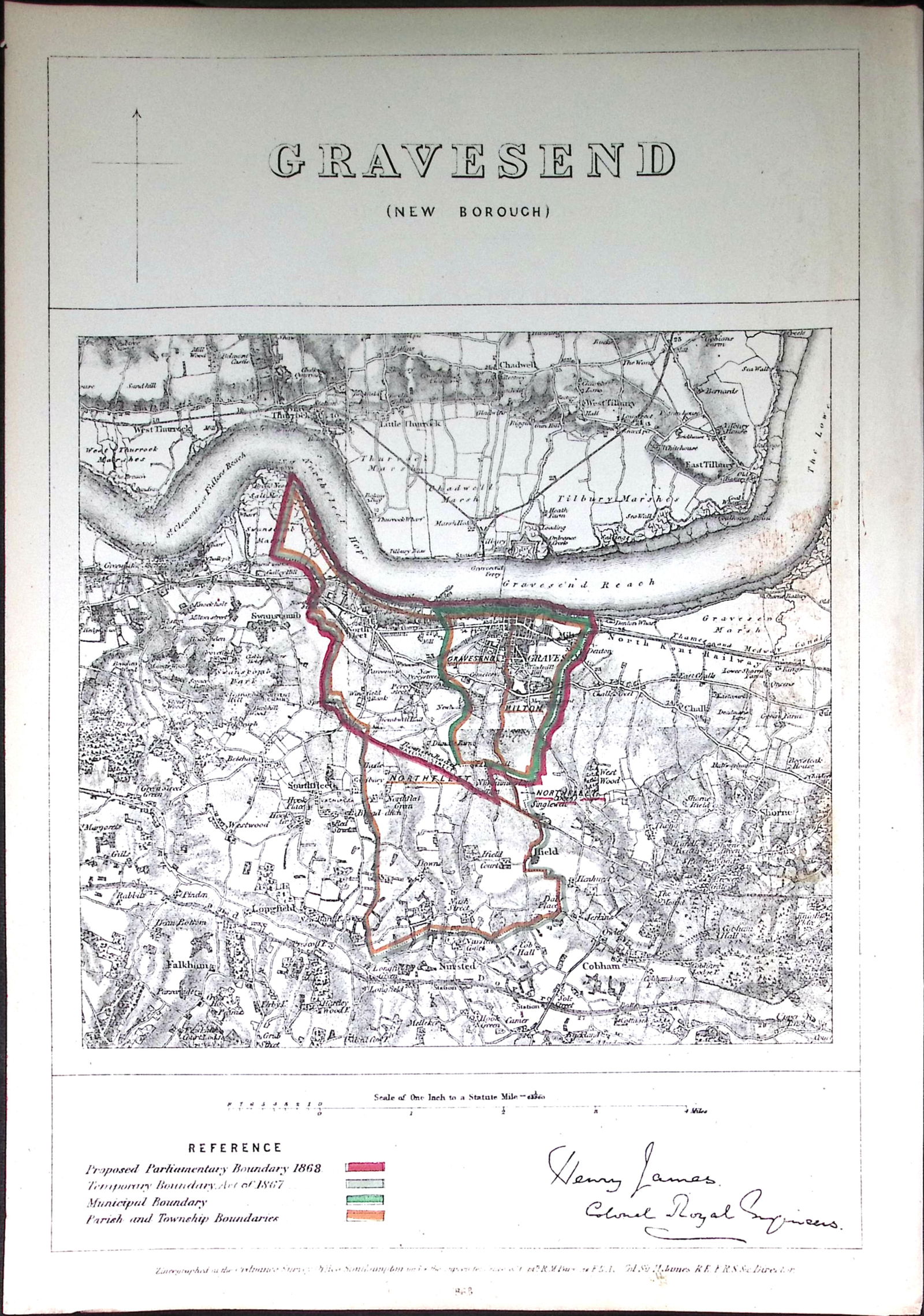 Gravesend Kent Boundary Commission 157-Year-Old Coloured Antique Map. (1 of 2)