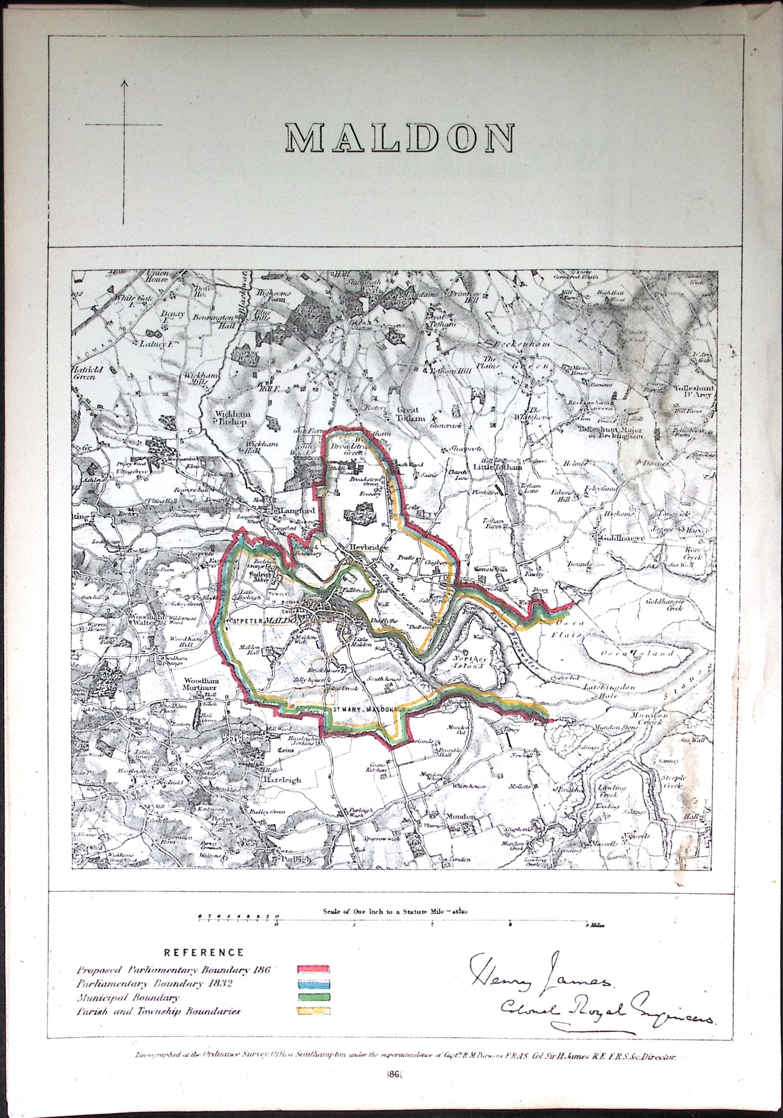 Maldon Essex Boundary Commission 157-Year-Old Coloured Antique Map. (1 of 2)