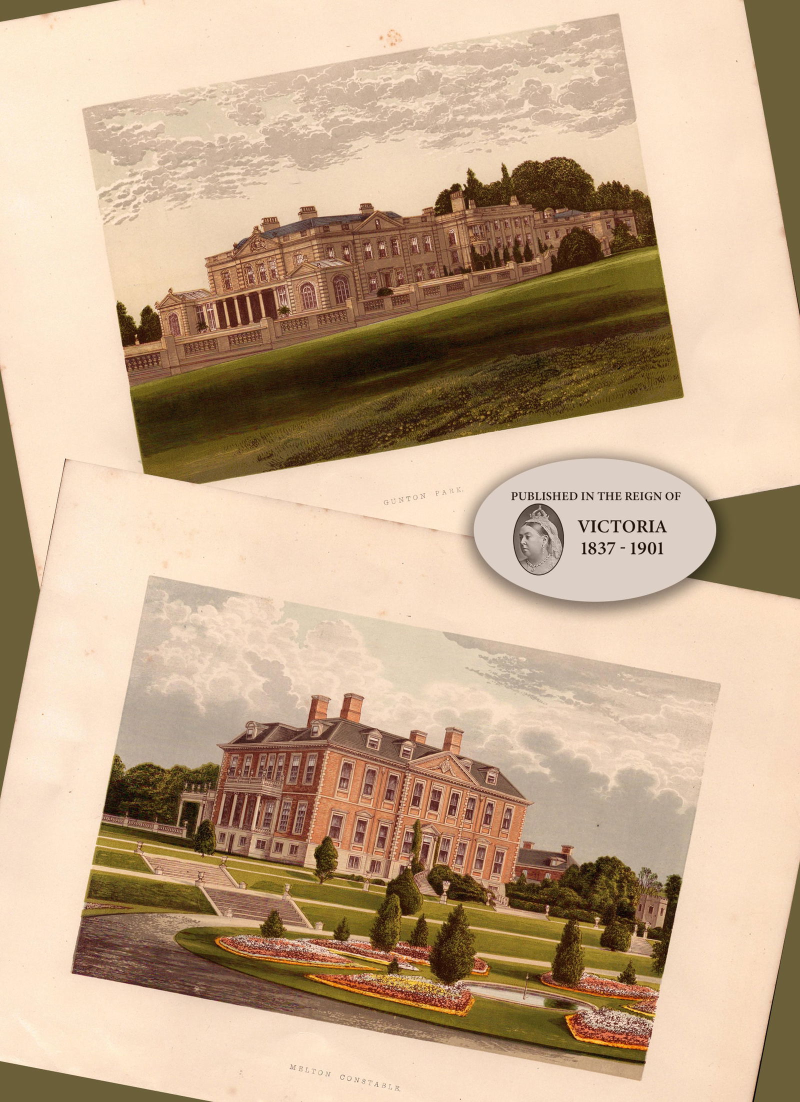 Norfolk 150 Years-Old 2 Stunning Gilt-Edge Coloured Victorian Antique Book Plates. (1 of 4)