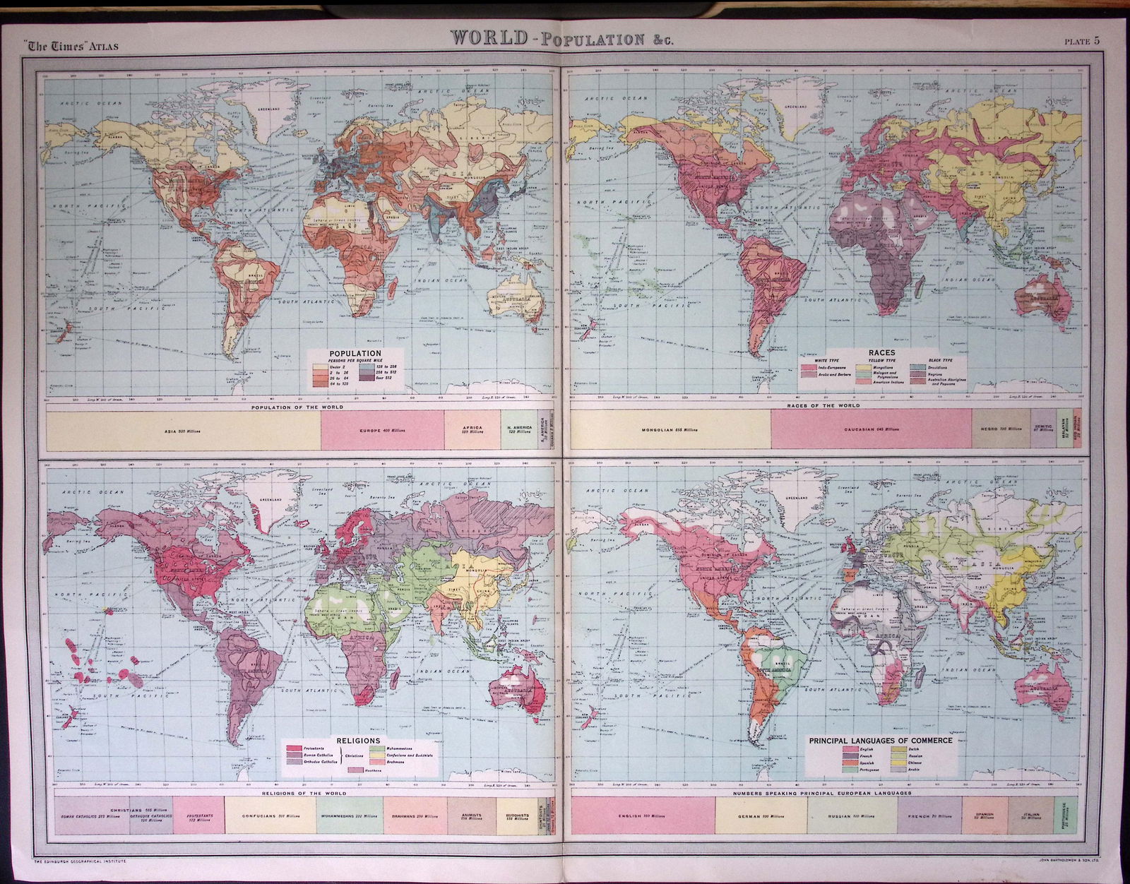 The World Population Large Coloured Antique Map John Bartholomew (1 of 2)